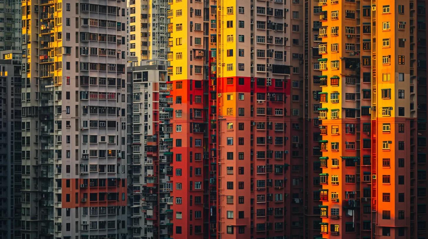 a vibrant urban landscape showcasing a modern skyline reflects the concept of property valuation techniques, with each building representing a different valuation approach—sales comparison, cost, income, and gross rent multiplier—all bathed in golden afternoon light.