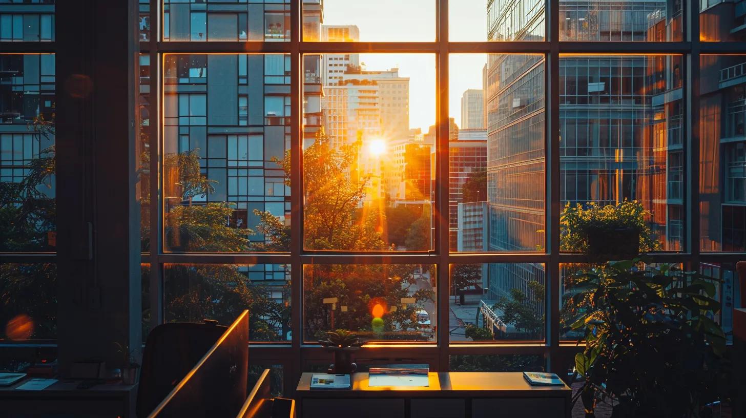 a vibrant urban setting showcases a sleek, modern real estate office with a large window displaying enticing property listings, illuminated by warm sunlight, symbolizing the transformative power of local seo in attracting potential clients.