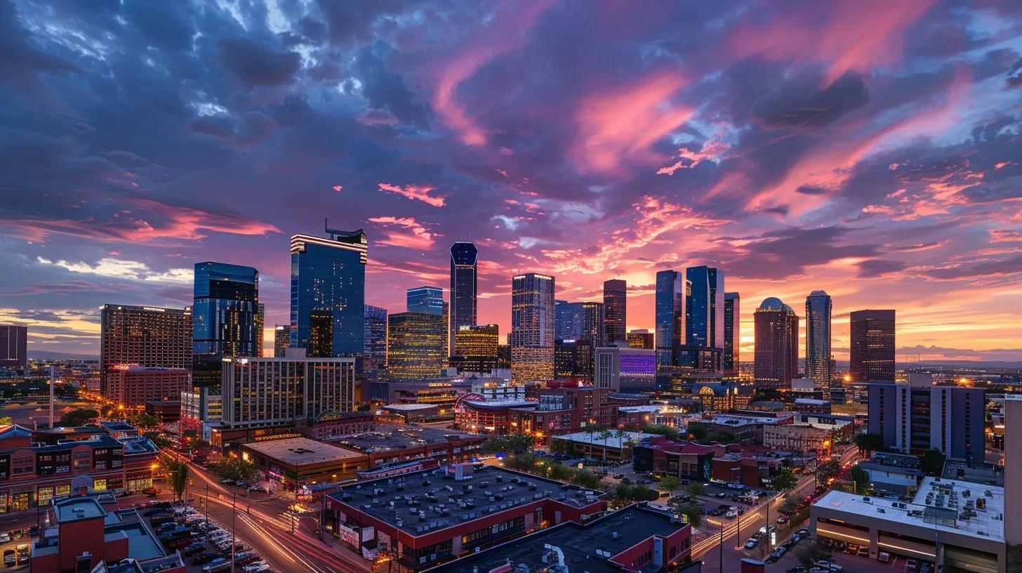 a vibrant urban skyline at sunset, symbolizing the transformative power of creativity in real estate branding, with bold and imaginative slogans artistically integrated into the cityscape.