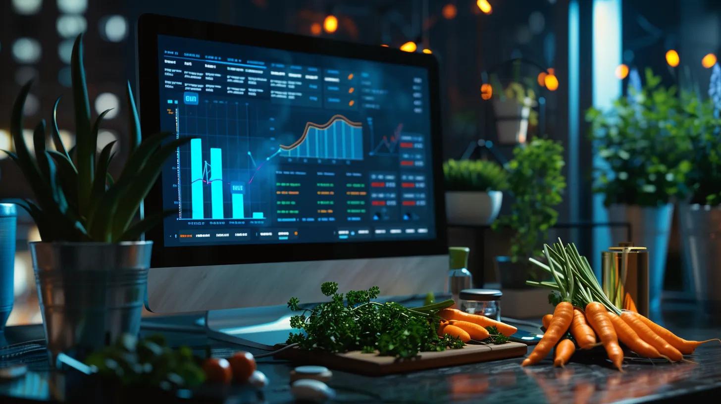 a vibrant, well-organized workspace featuring a glowing computer screen displaying seo analytics and keywords, surrounded by fresh carrots and greenery, symbolizing a flourishing online presence in the real estate niche.