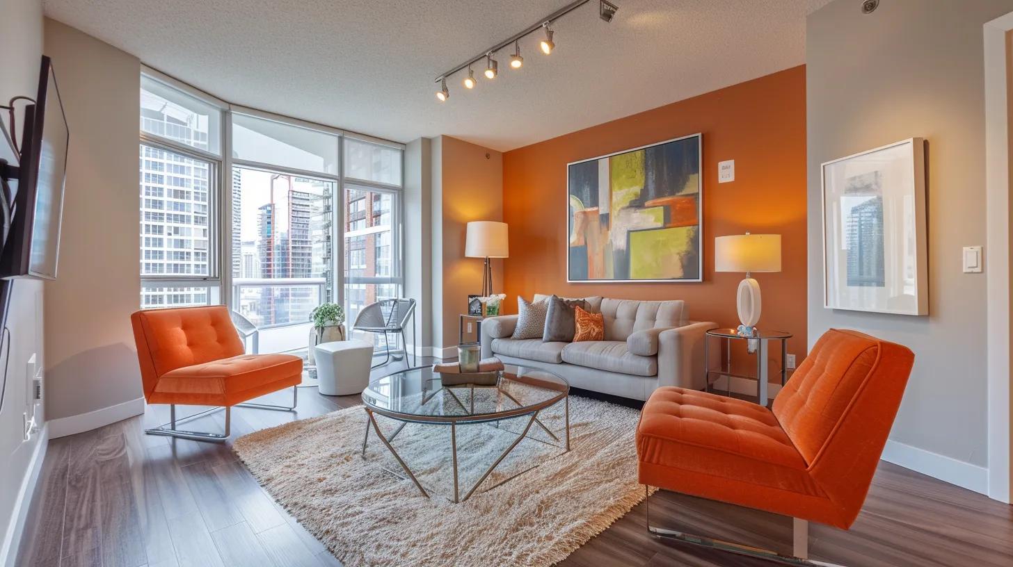 a vibrant, well-lit modern living space showcases a stylish rental property with elegant decor, shimmering natural light streaming through large windows, and meticulously arranged furnishings, emphasizing its appeal to potential tenants.