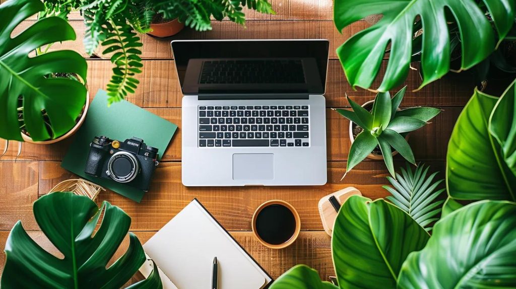 a vibrant workspace featuring a sleek laptop on a polished wooden desk surrounded by lush houseplants and an open notebook, symbolizing creativity and productivity in enhancing real estate blog seo.