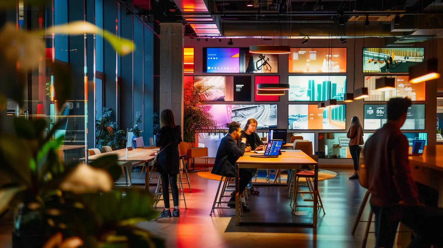 a vibrant workspace with a diverse group of professionals engaged in a dynamic brainstorming session, surrounded by mood boards and digital screens displaying various real estate slogans, illuminated by soft, ambient lighting.