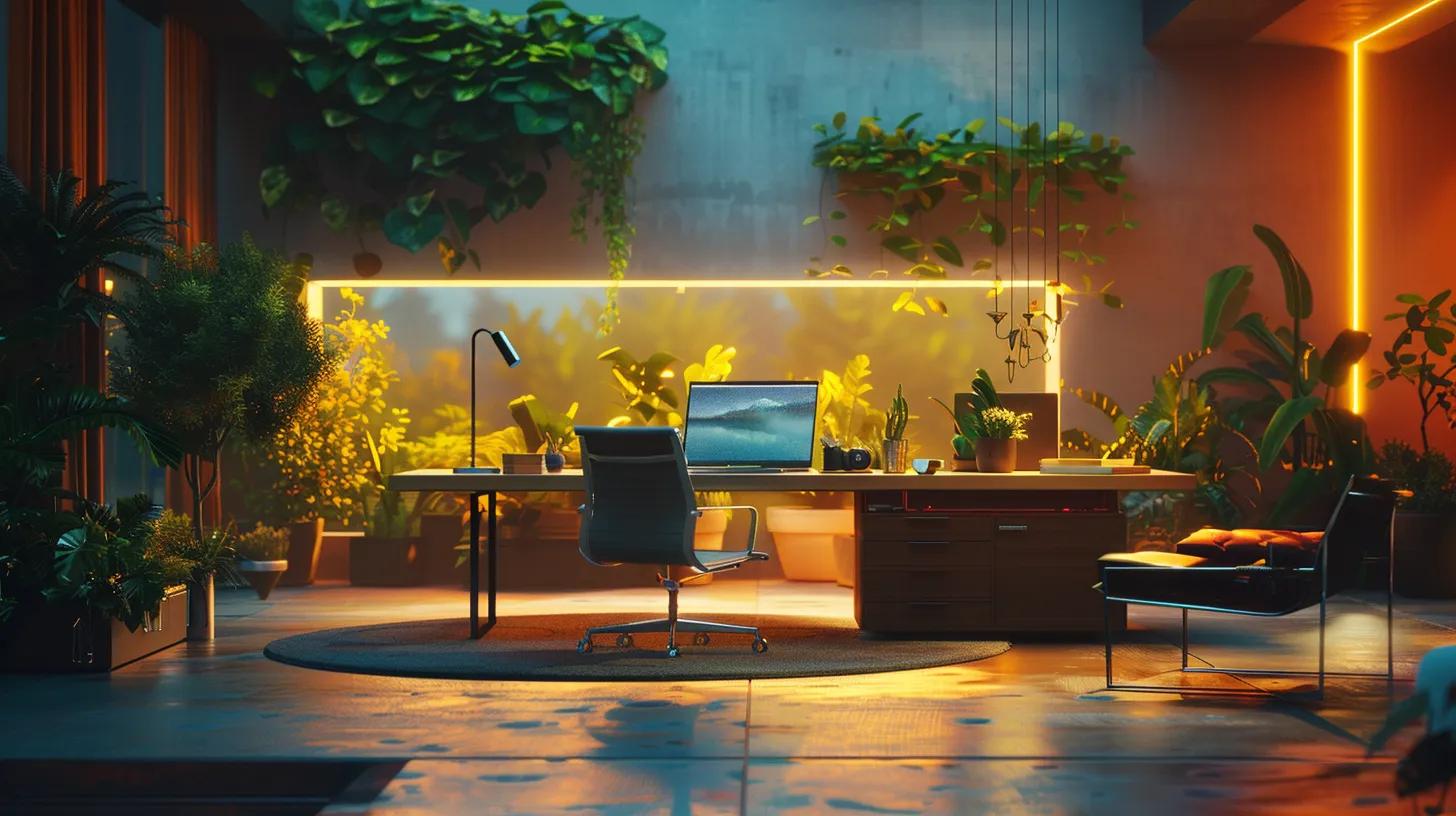 a visually compelling scene depicts a well-lit, modern office workspace, featuring a sleek laptop on a stylish desk, surrounded by vibrant plants and minimalistic decor, symbolizing the importance of ethical backlink strategies in building a reputable online presence.