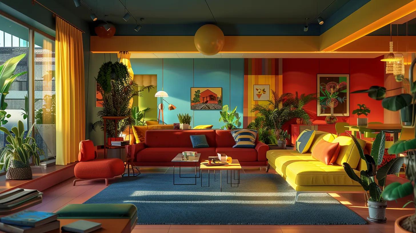 a visually engaging interior space featuring a harmonious blend of bold red accents, calming blue tones, cheerful yellow decor, and refreshing green plants, each color enhancing the atmosphere and evoking specific emotions related to real estate branding.