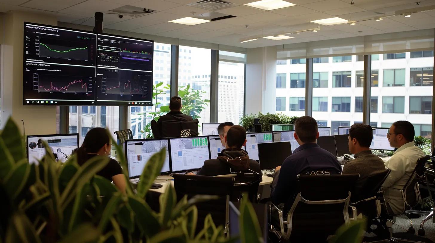 a visually engaging office space filled with modern real estate professionals collaborating over digital screens displaying analytics and seo graphs, illuminated by soft natural light filtering through large windows.