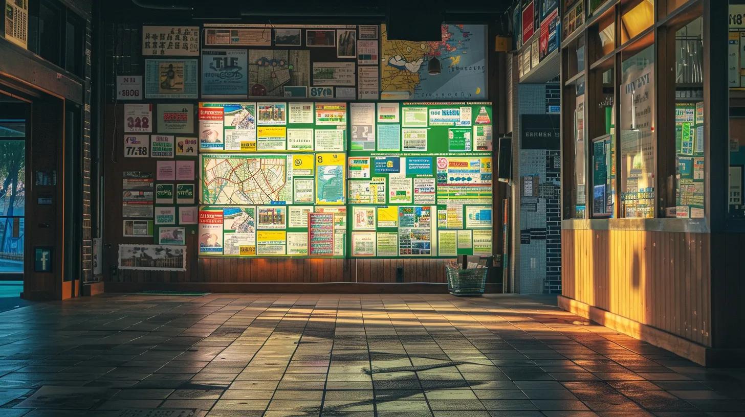 a visually striking scene of a bustling real estate office illuminated by warm, inviting light, showcasing a vibrant display of local directory listings pinned prominently on a wall filled with colorful maps and community highlights.