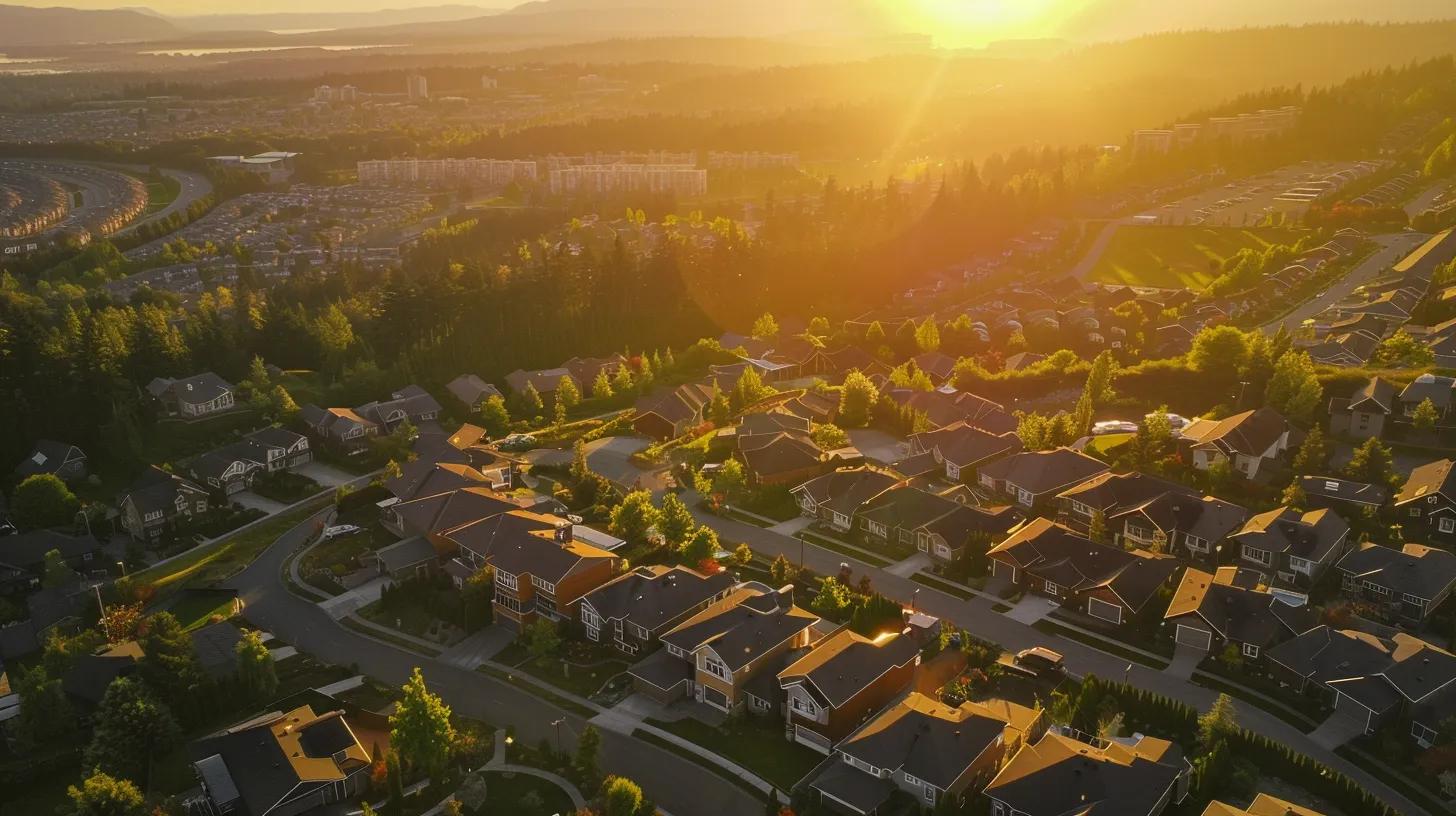 aerial view of a vibrant, thriving neighborhood showcasing modern homes surrounded by lush green parks and essential amenities, bathed in golden sunlight, highlighting the desirability and investment potential of the location.