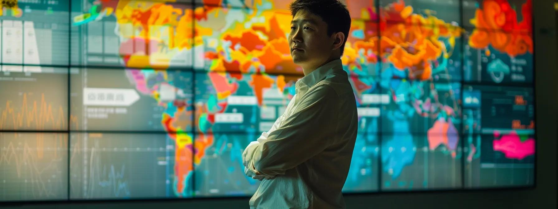 an analytical seo professional stands thoughtfully before a large digital display, showcasing a vibrant, intricate topical map adorned with dynamic graphs, figures, and colorful analytics, illuminated by soft, focused lighting that highlights his engaged expression amidst a modern, tech-savvy office environment.