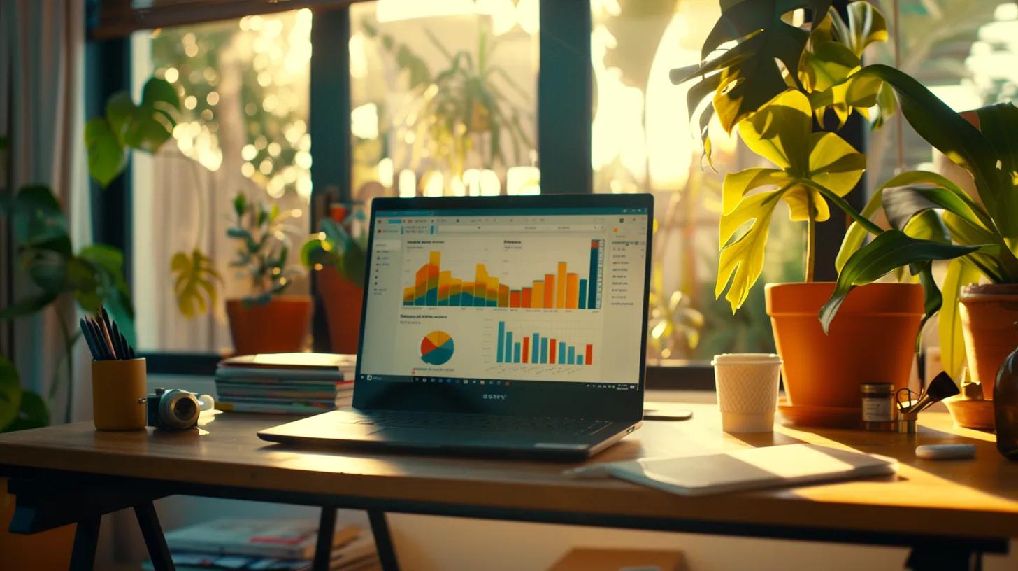 an engaging workspace bathed in natural light, featuring a sleek laptop displaying an seo dashboard, surrounded by vibrant charts and keyword research tools that symbolize the path to effectively connecting with real estate clients.