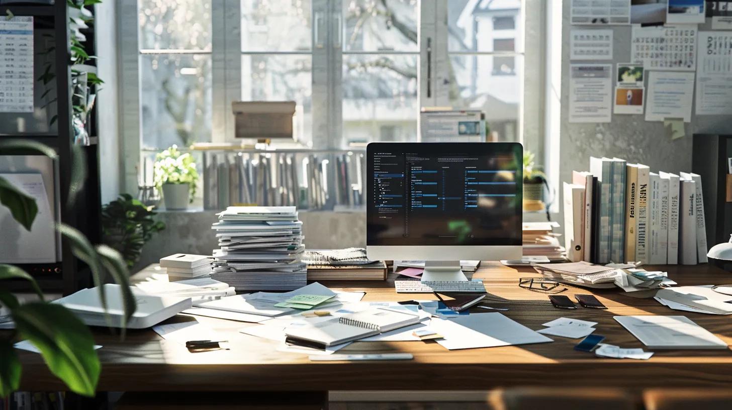 an organized workspace showcases a neatly arranged collection of financial documents, receipts, and digital tools illuminated by soft, natural light, emphasizing the importance of meticulous record-keeping for optimal tax management.