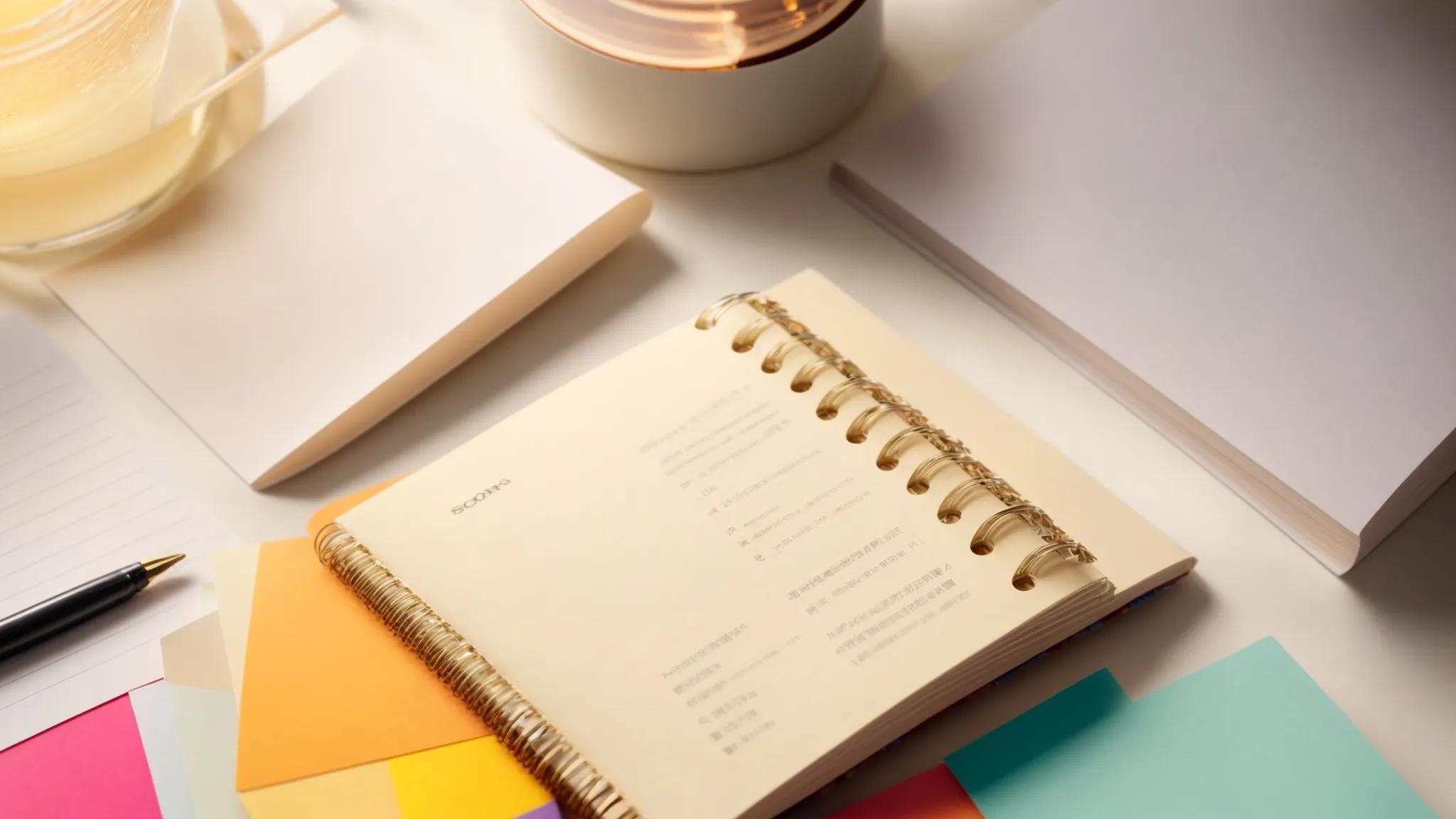 a beautifully lit, close-up shot of an open notebook filled with neatly arranged average sentence structures, surrounded by vibrant stationery, conveying a sense of organized creativity in writing.