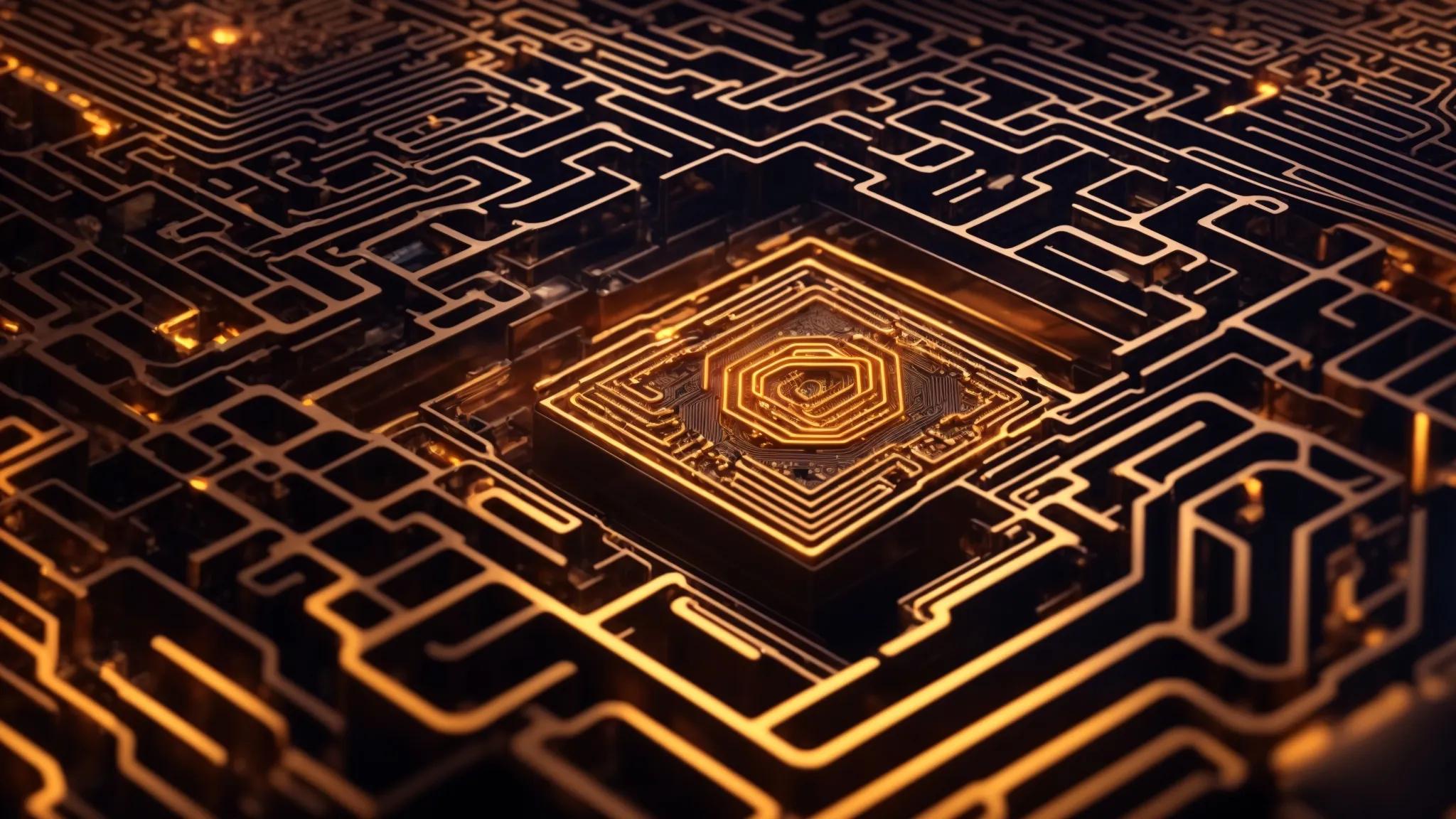 a captivating close-up of a glowing digital key placed over an intricate, maze-like pattern representing a virtual landscape, symbolizing the unlocking of seo secrets and the journey to enhanced online visibility.