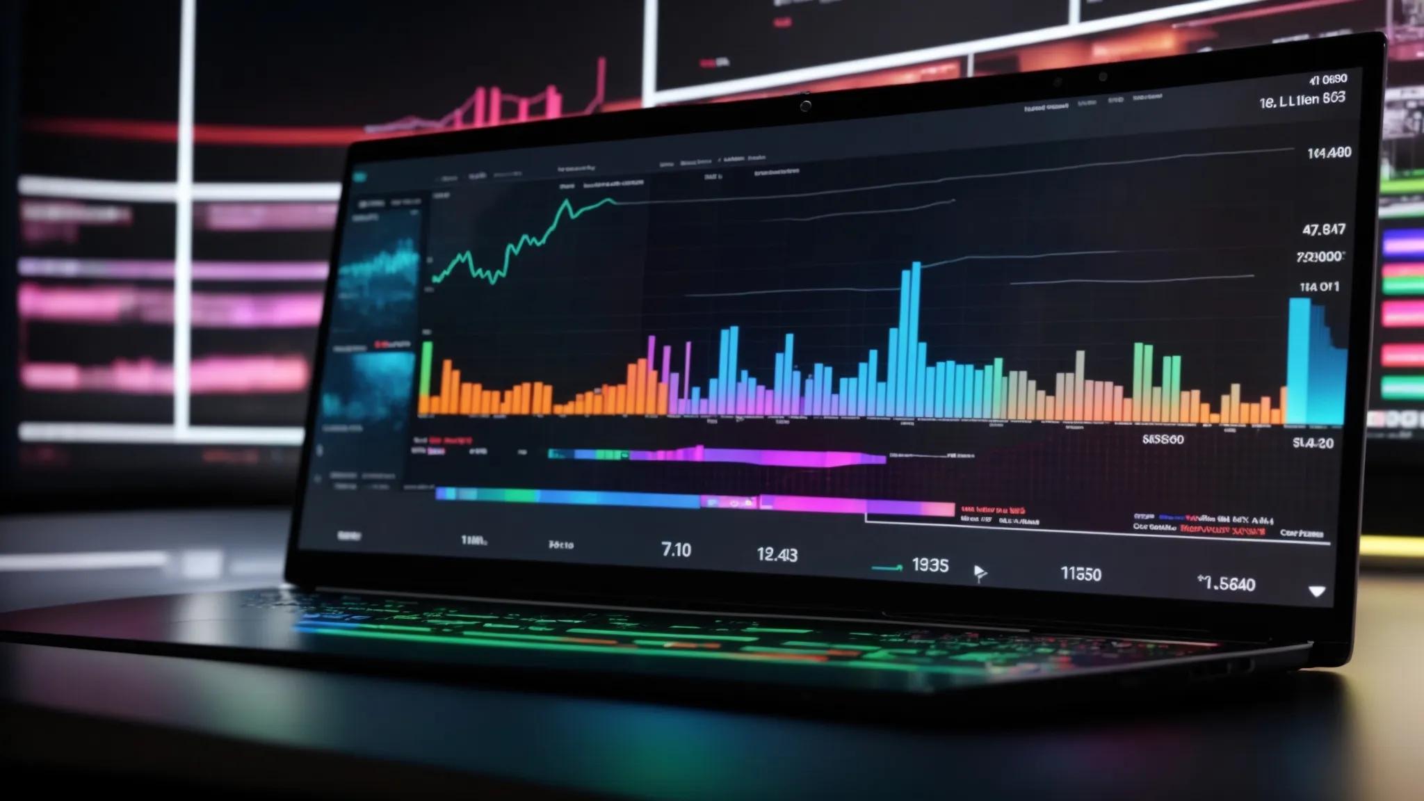 a captivating close-up of a sleek, modern computer screen displaying colorful graphs and analytics, symbolizing the vital role of rank tracking tools in achieving seo success.