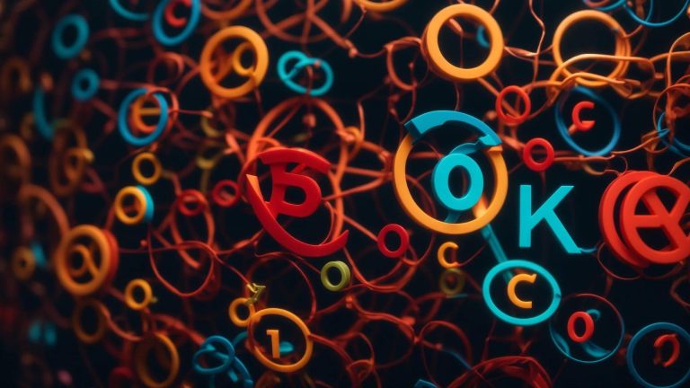 a captivating close-up of a vibrant web of interconnected seo symbols, showcasing bold distinctions between dofollow and nofollow links, illuminated by dynamic lighting to emphasize their importance in digital strategy.