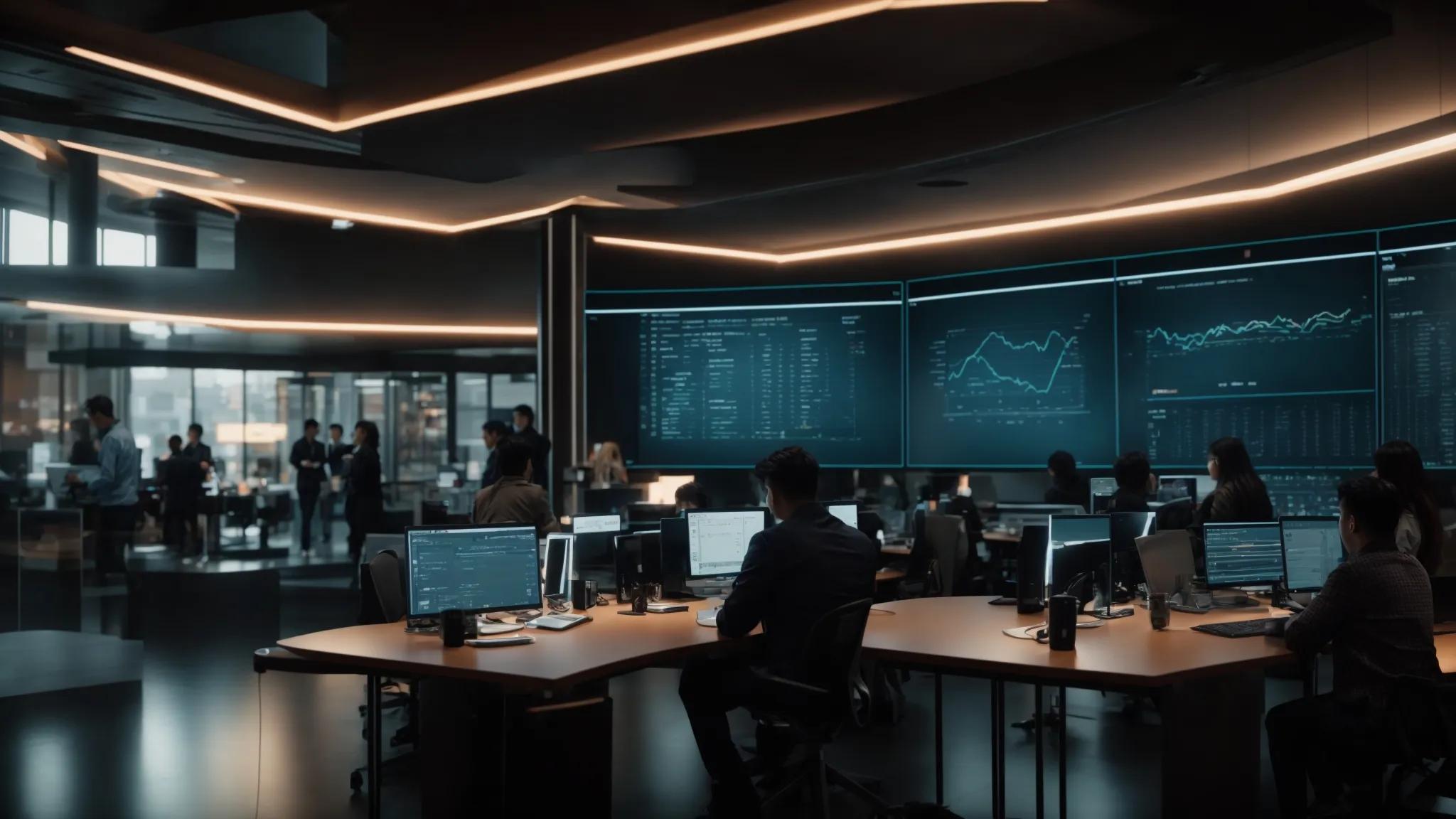 a captivating digital workspace illuminated by warm light, showcasing a futuristic interface displaying dynamic graphs and analytics that symbolize the synergy between seo and ai content strategy for brand empowerment.