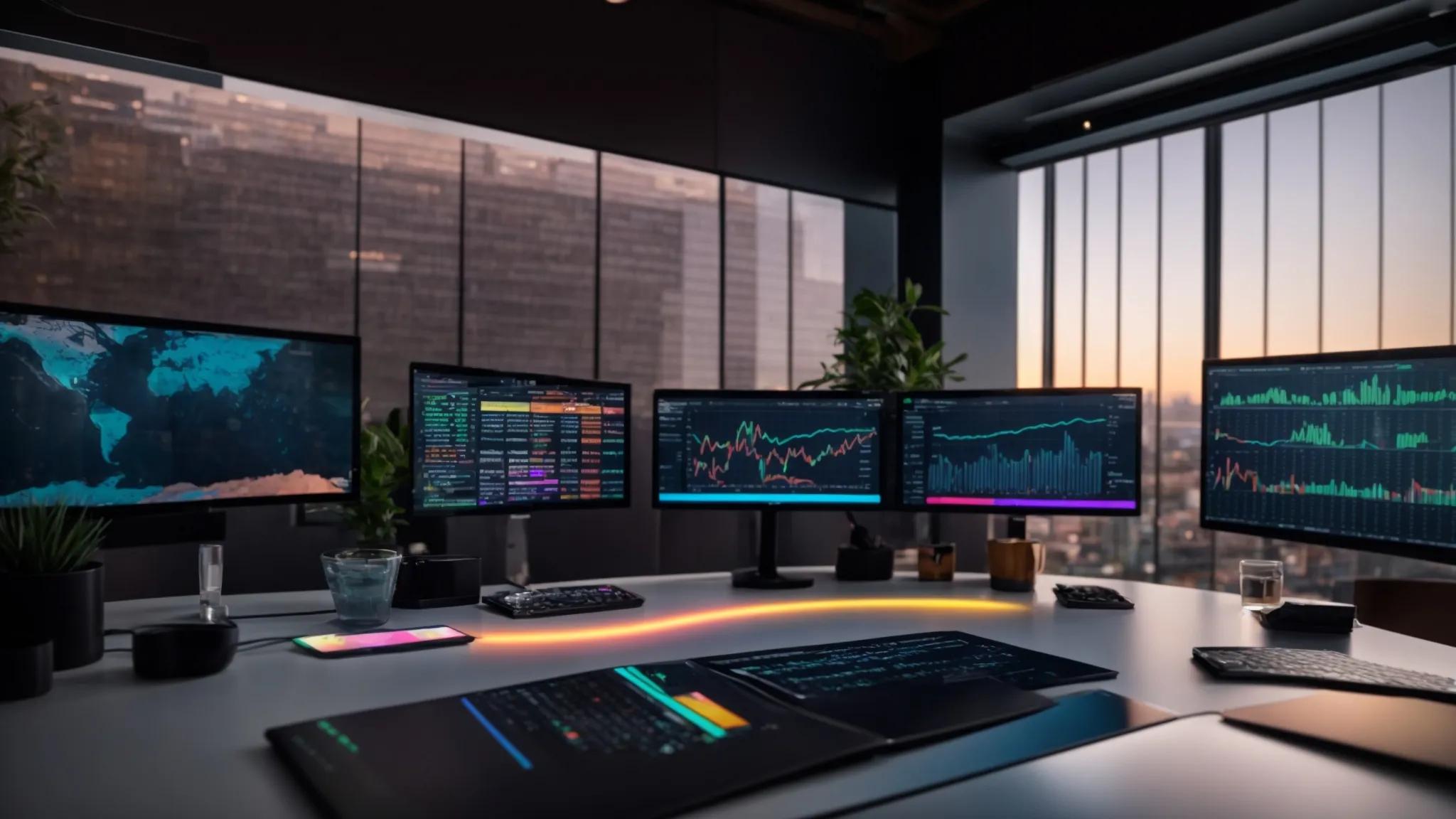 a captivating image of a sleek, modern workspace featuring a high-tech computer screen displaying colorful graphs and analytics, symbolizing the journey to seo success through innovative rank tracking tools.