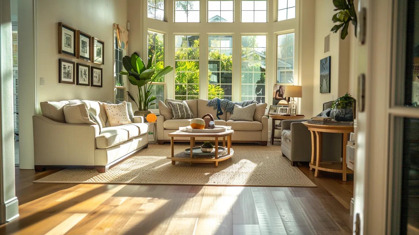 a captivating open house scene showcases potential buyers engaged in a beautifully staged living room, surrounded by evocative story elements such as framed testimonials and inviting décor, all illuminated by warm, natural light streaming through large windows.