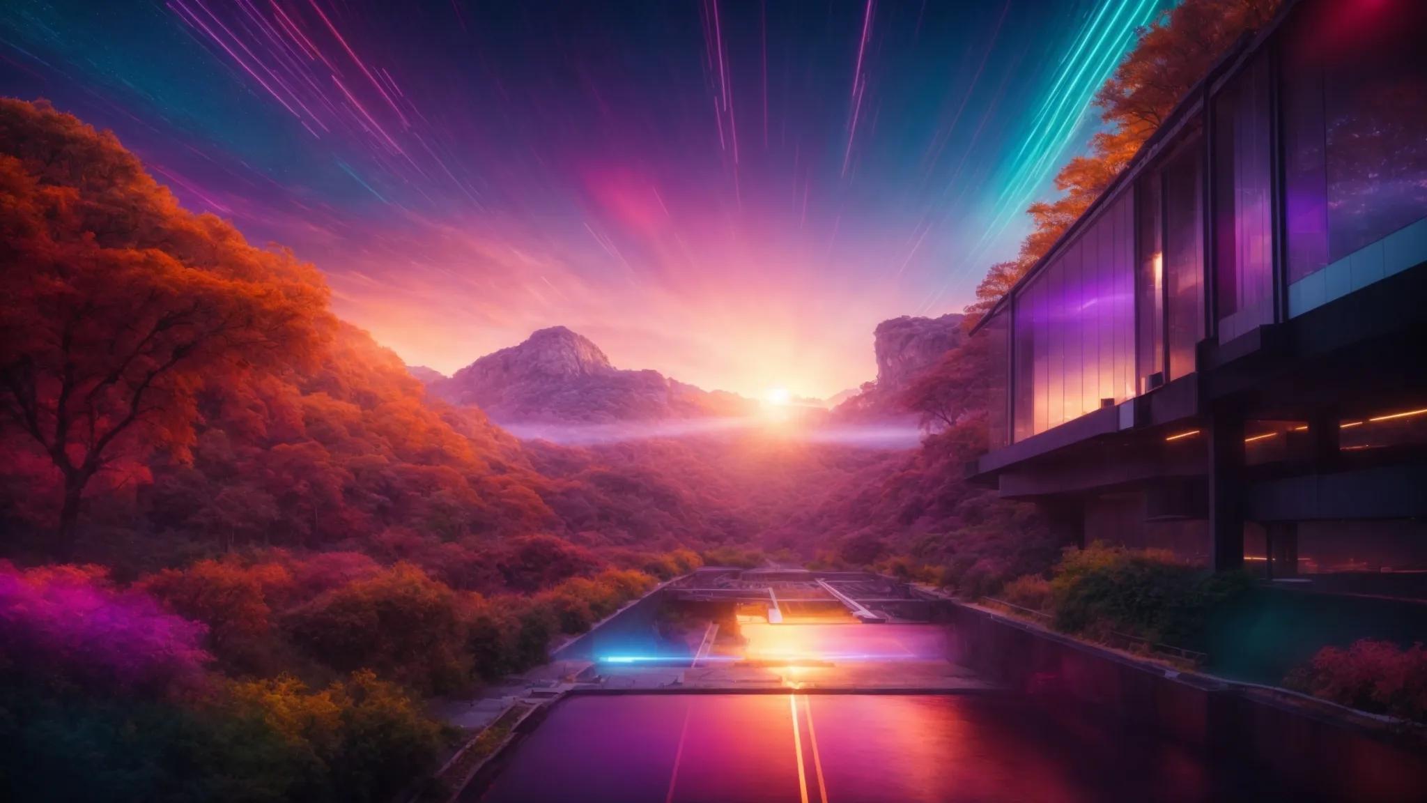 a captivating scene showcasing a radiant digital landscape infused with vibrant colors, symbolizing the dynamic fusion of seo strategies and ai-driven content, illuminated by a futuristic glow.