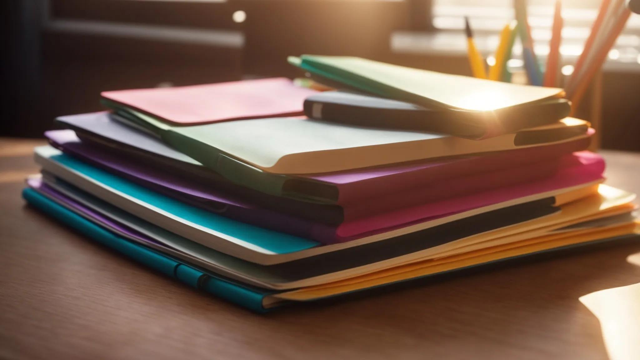 a clear, dynamic close-up of a neatly arranged stack of colorful notebooks, surrounded by vibrant writing tools, illuminated by soft, natural light highlighting the idea of creativity in writing.