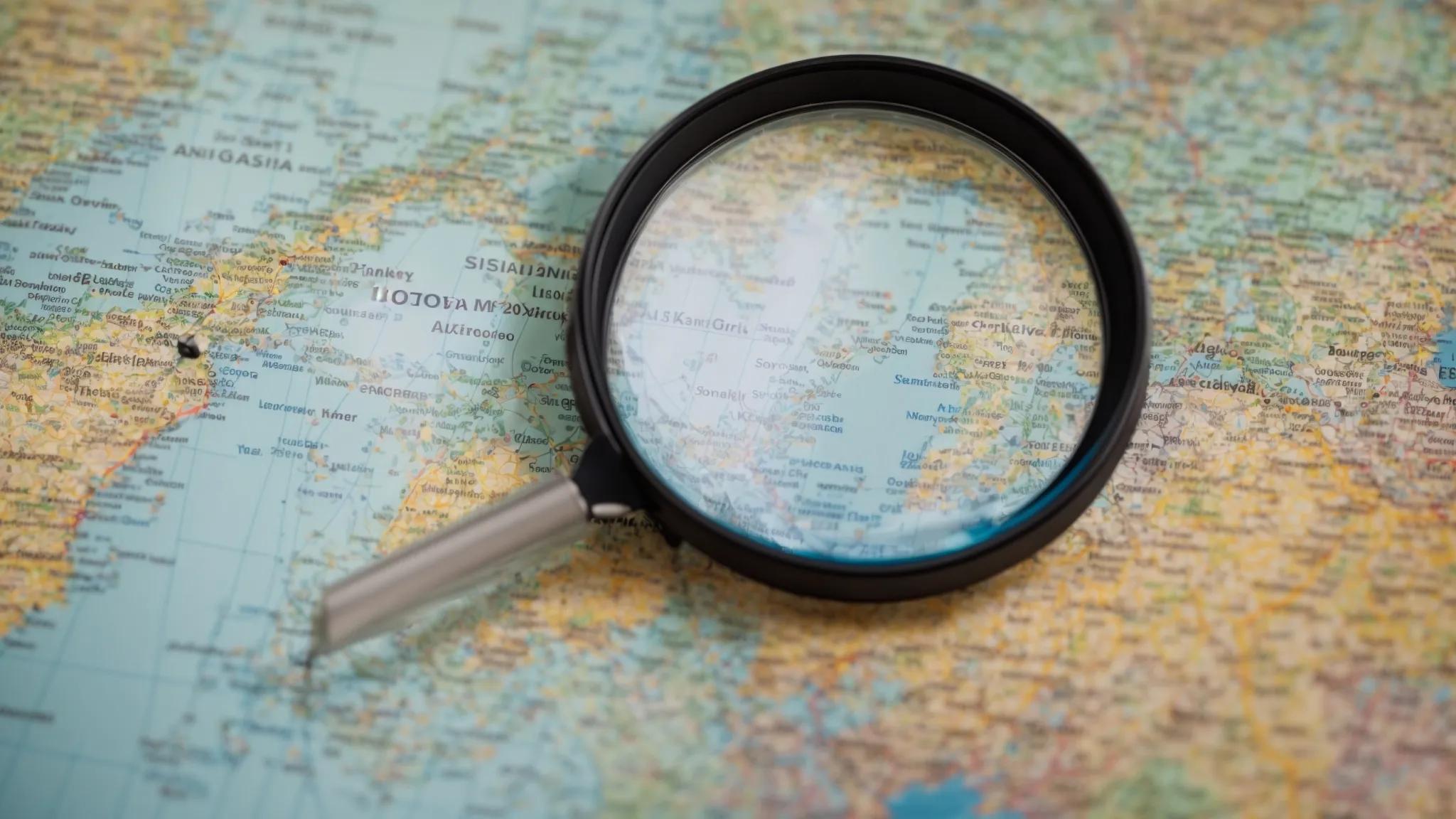 a dramatic close-up of a magnifying glass over an intricate map dotted with colorful keywords, illuminated by soft, focused lighting that highlights the allure of discovery and exploration.