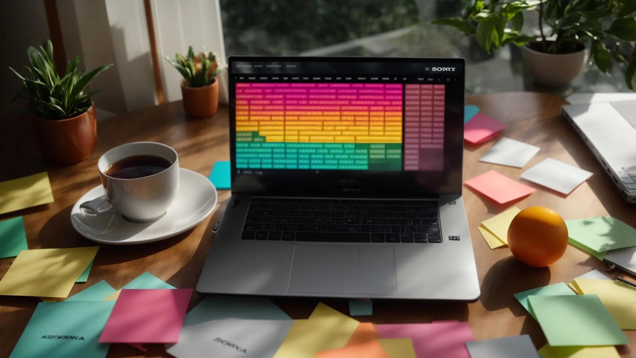 a dramatic overhead shot of a vibrant workspace, featuring a sleek laptop with an open seo analysis dashboard, surrounded by colorful sticky notes and analytical graphs illuminated by warm, natural light streaming through a nearby window.