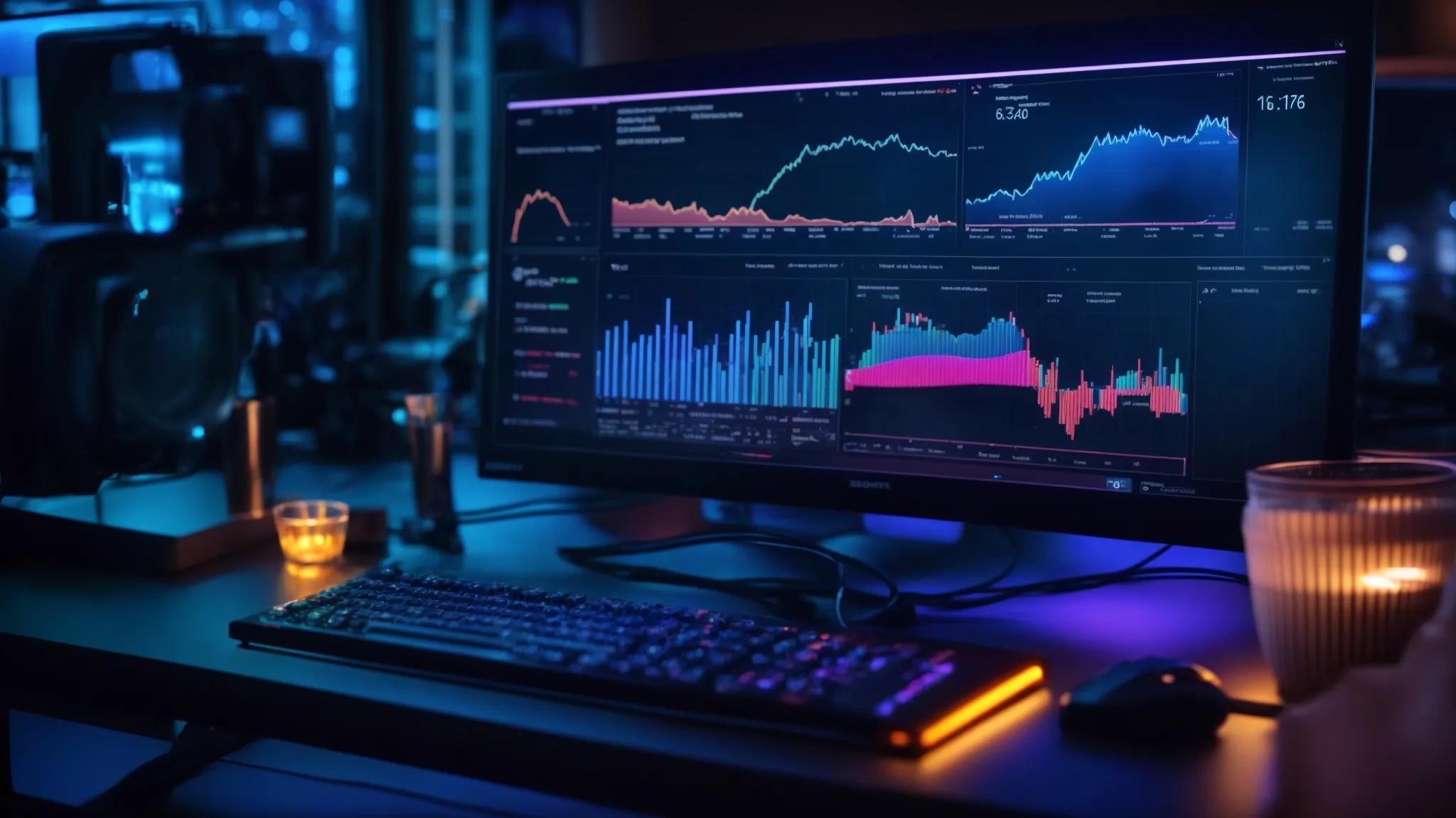 a dynamic close-up of a glowing computer screen displaying an intricate google search console dashboard, surrounded by vibrant graphs and analytics, bathed in a cool blue light that emphasizes digital mastery and insight.