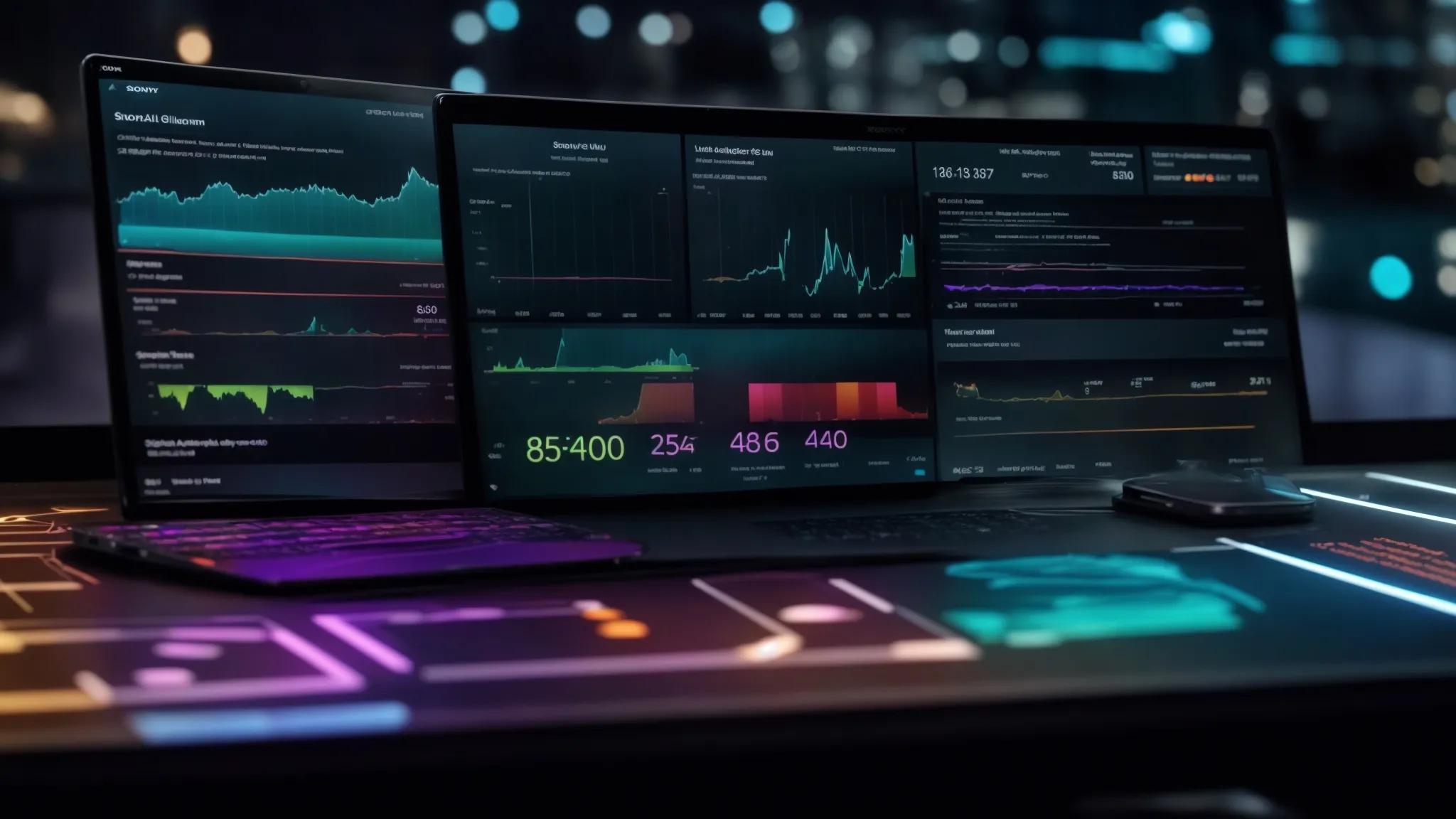 a dynamic close-up of a sleek digital dashboard illuminated by vibrant graphs and charts, showcasing real-time local search data analysis under soft, focused lighting, epitomizing the sophistication of a premier serp monitoring tool.