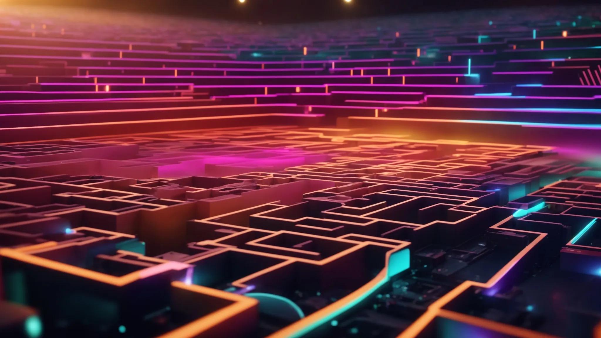 a dynamic digital landscape reveals a vibrant maze of keywords and search terms, illuminated by a radiant glow that symbolizes competitive discovery in the online marketplace.