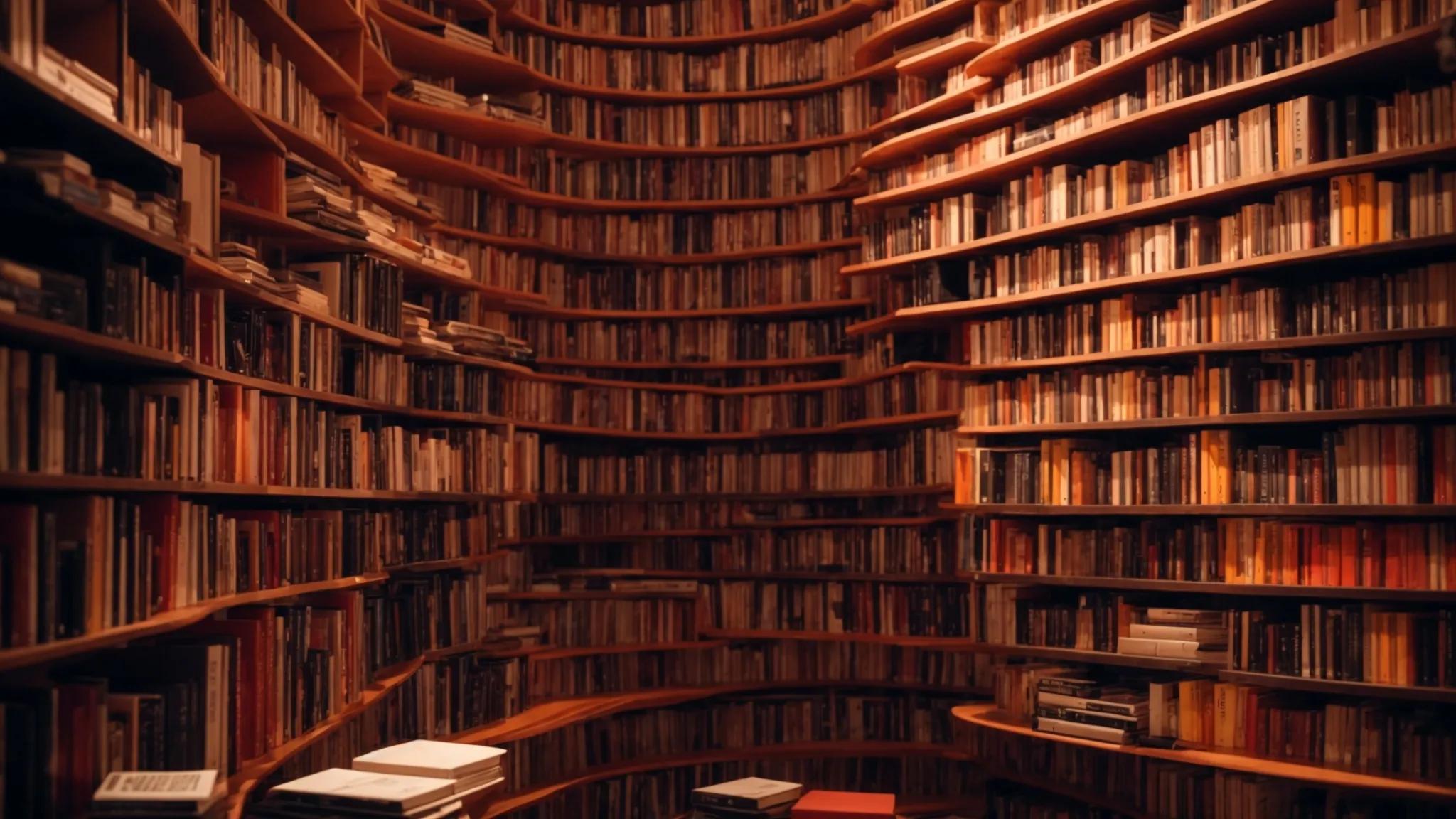 a dynamic digital landscape showcases a towering bookshelf made of vibrant, interconnected web pages, symbolizing a powerful cluster content strategy for mastering seo.