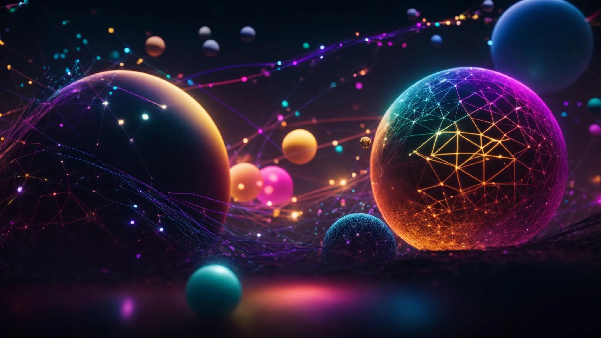 a dynamic digital landscape showcasing interconnected spheres representing various seo strategies, glowing with vibrant colors against a sleek dark background, symbolizing the power of a cluster content strategy.