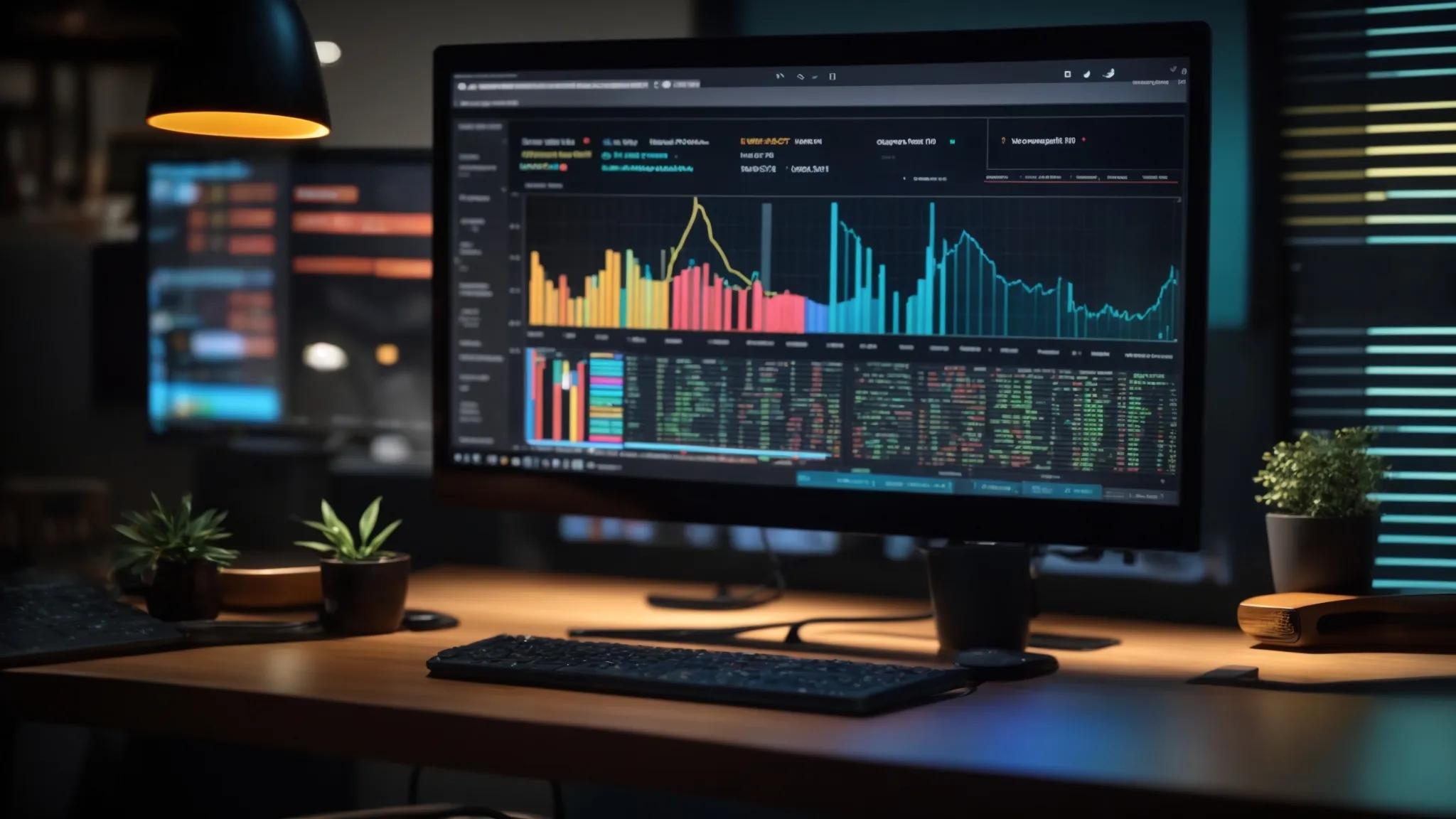 a dynamic, engaging workspace featuring a computer screen displaying a colorful graph and website analytics, bathed in warm light that highlights the theme of digital exploration and backlink discovery.
