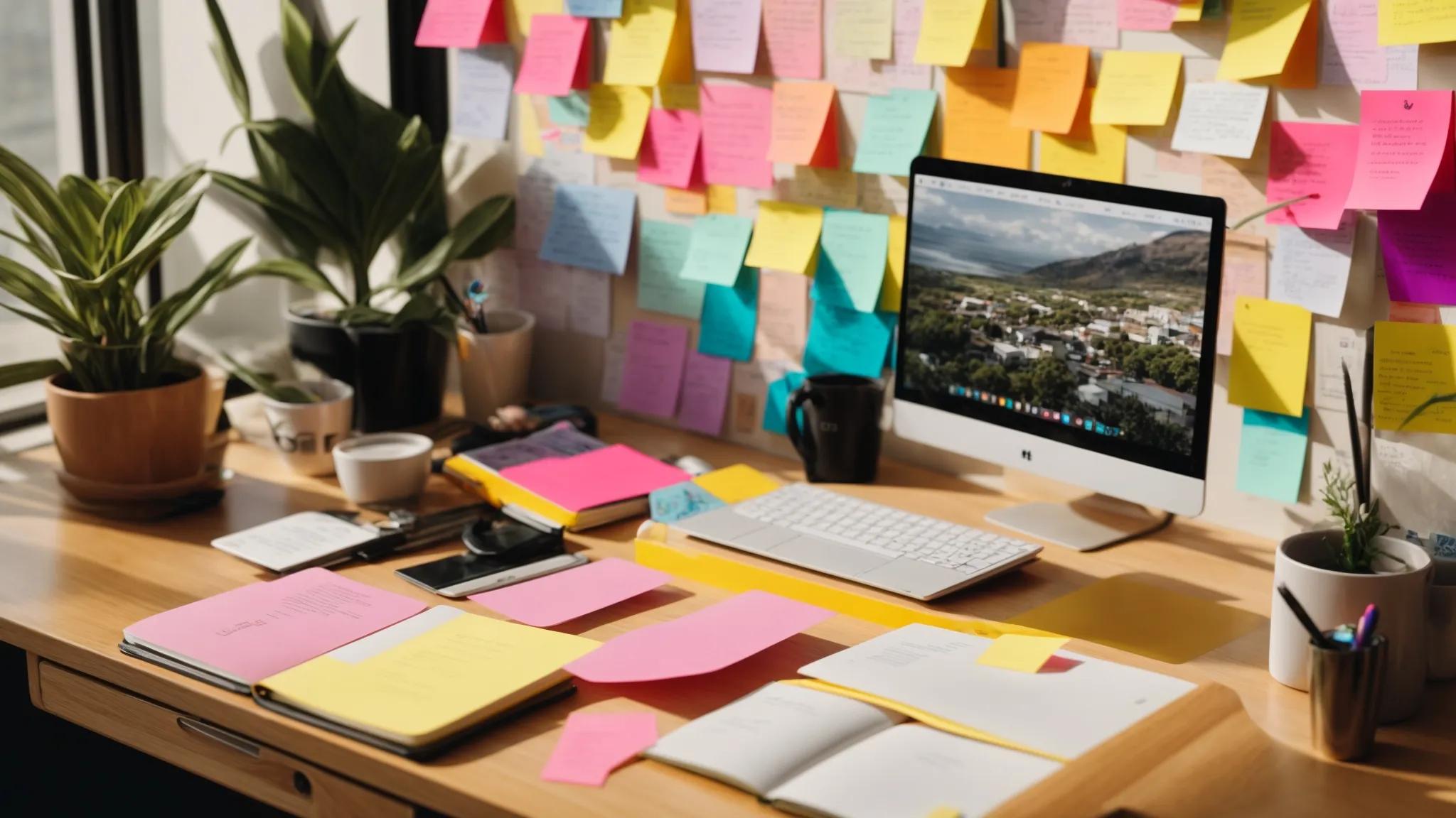 a dynamic flat lay of a vibrant desk cluttered with colorful sticky notes and open notebooks, each surrounded by strategic illustrations depicting niche keyword strategies, bathed in bright natural light for an inspiring and focused atmosphere.