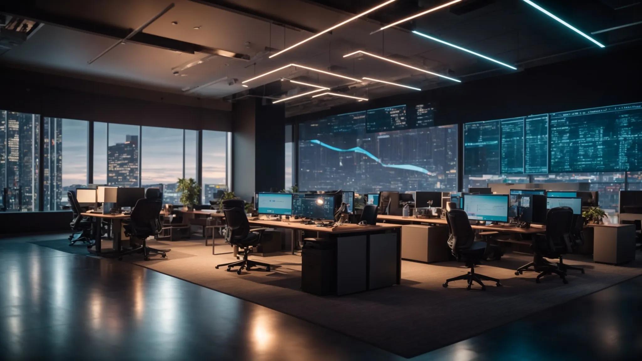 a dynamic, futuristic office with a large screen displaying vibrant data analytics and ai algorithms, illuminated by soft, ambient lighting that highlights the innovative atmosphere of digital marketing and seo strategies.