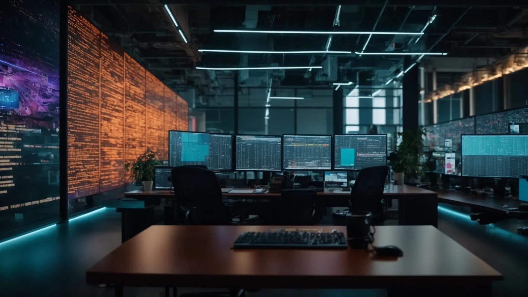 a dynamic, futuristic workspace filled with vibrant digital displays revealing intricate keyword analytics, encapsulating the essence of optimizing search engine rankings.