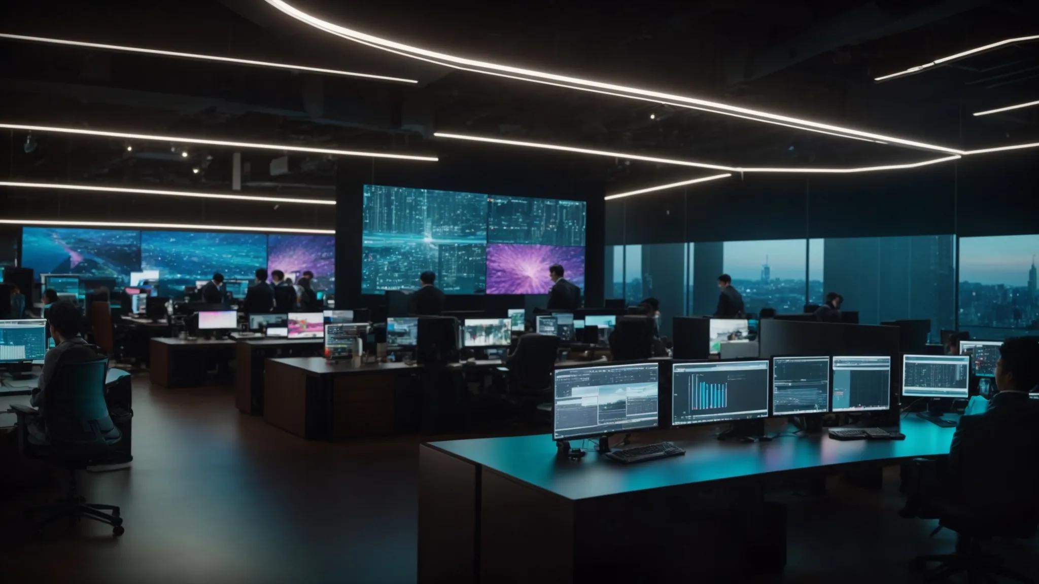 a dynamic, futuristic workspace filled with vibrant digital screens showcasing analytics and seo strategies, illuminated by focused led lights that highlight the intense atmosphere of innovation and competitive intelligence.