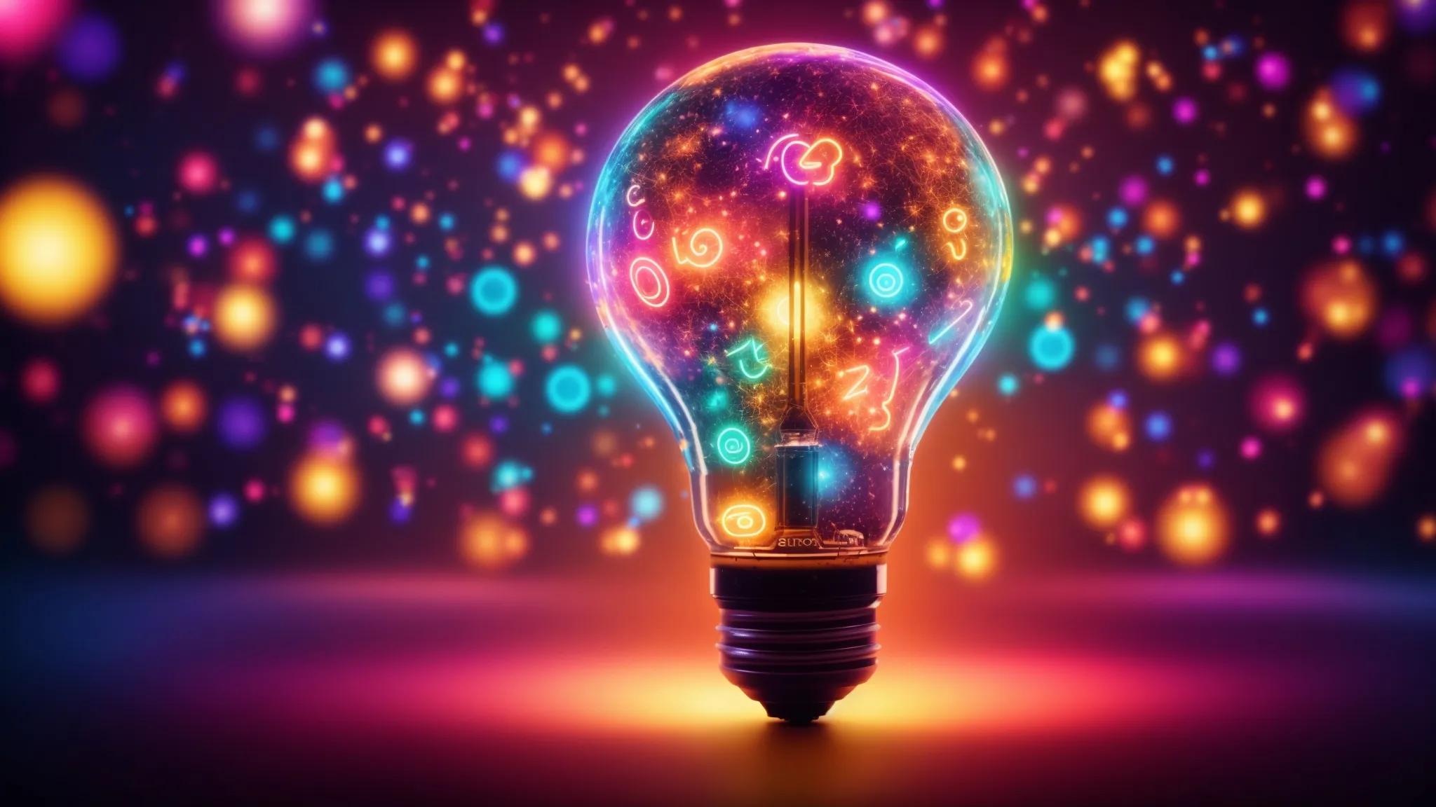 a dynamic, glowing light bulb surrounded by swirling digital icons, symbolizing the fusion of seo and ai content, set against a vibrant, gradient backdrop.