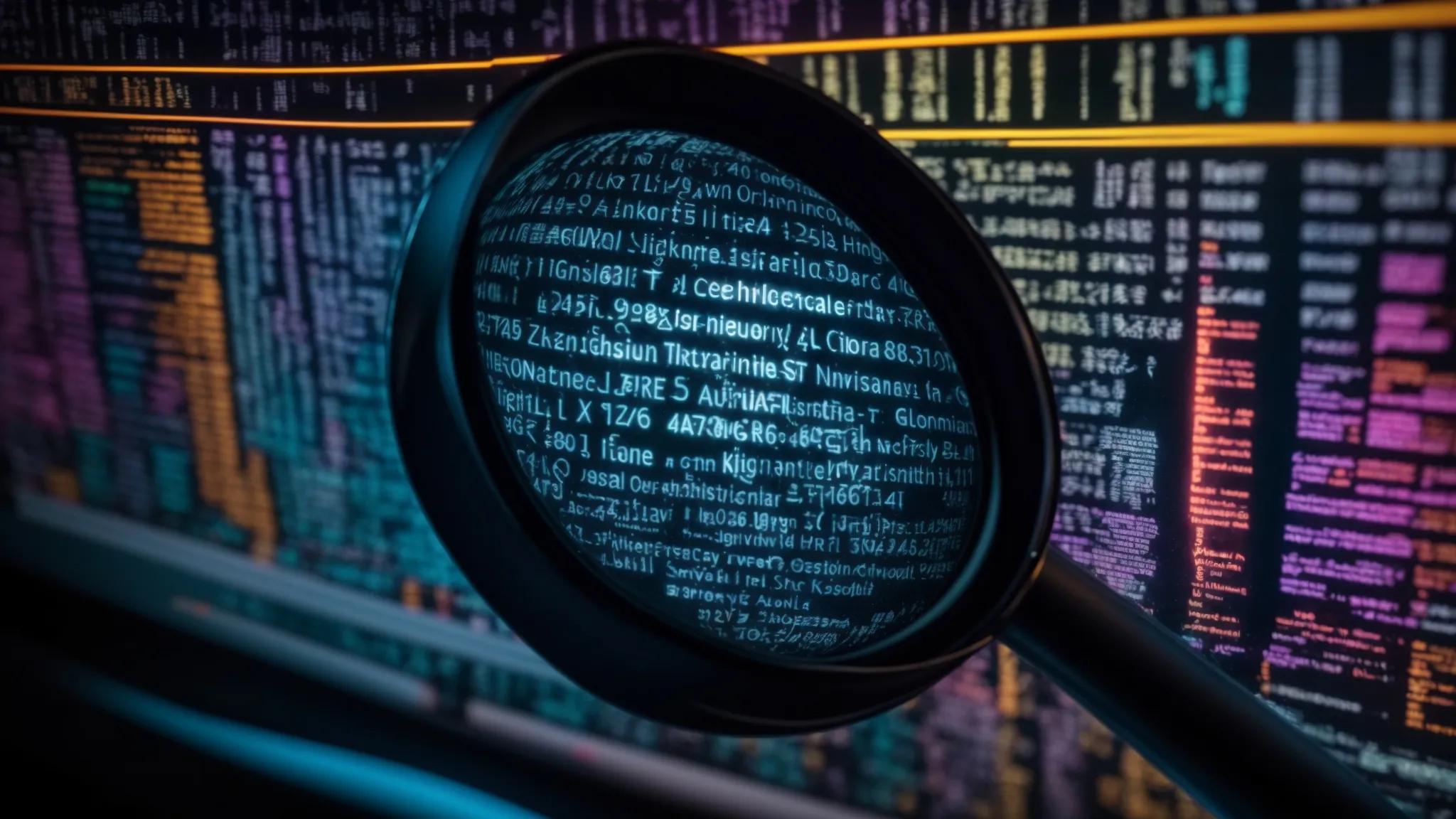 a dynamic, high-contrast image of a vibrant, illuminated magnifying glass over a diverse array of niche keywords on a digital screen, symbolizing powerful discovery and strategy in keyword optimization.