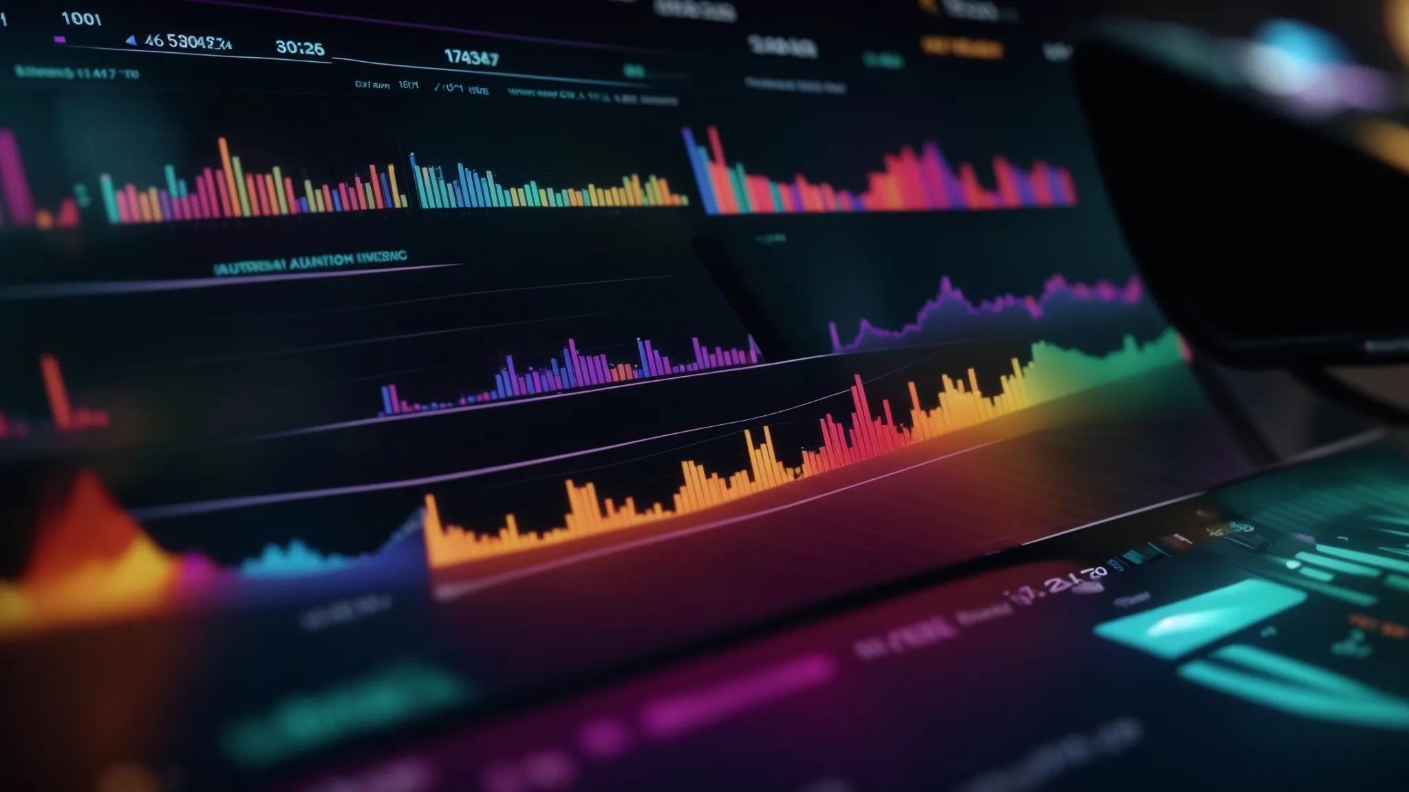 a dynamic, high-contrast image of a vibrant digital dashboard displaying colorful graphs and data analytics, symbolizing the powerful impact of seo analysis on business success.