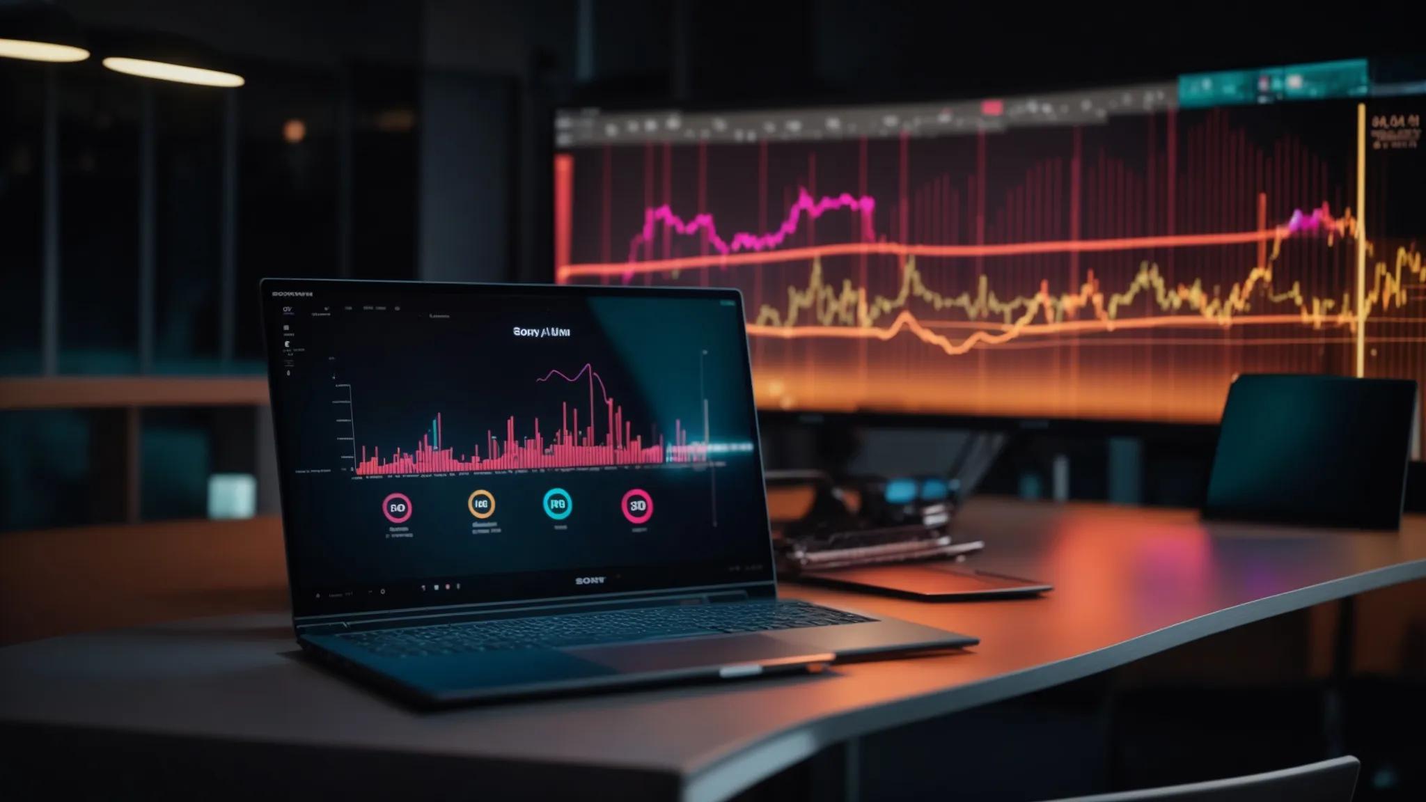 a dynamic, illuminated workspace showcases a sleek laptop displaying vibrant graphs and analytics, symbolizing the unlocking of a website's potential through an affordable seo report.