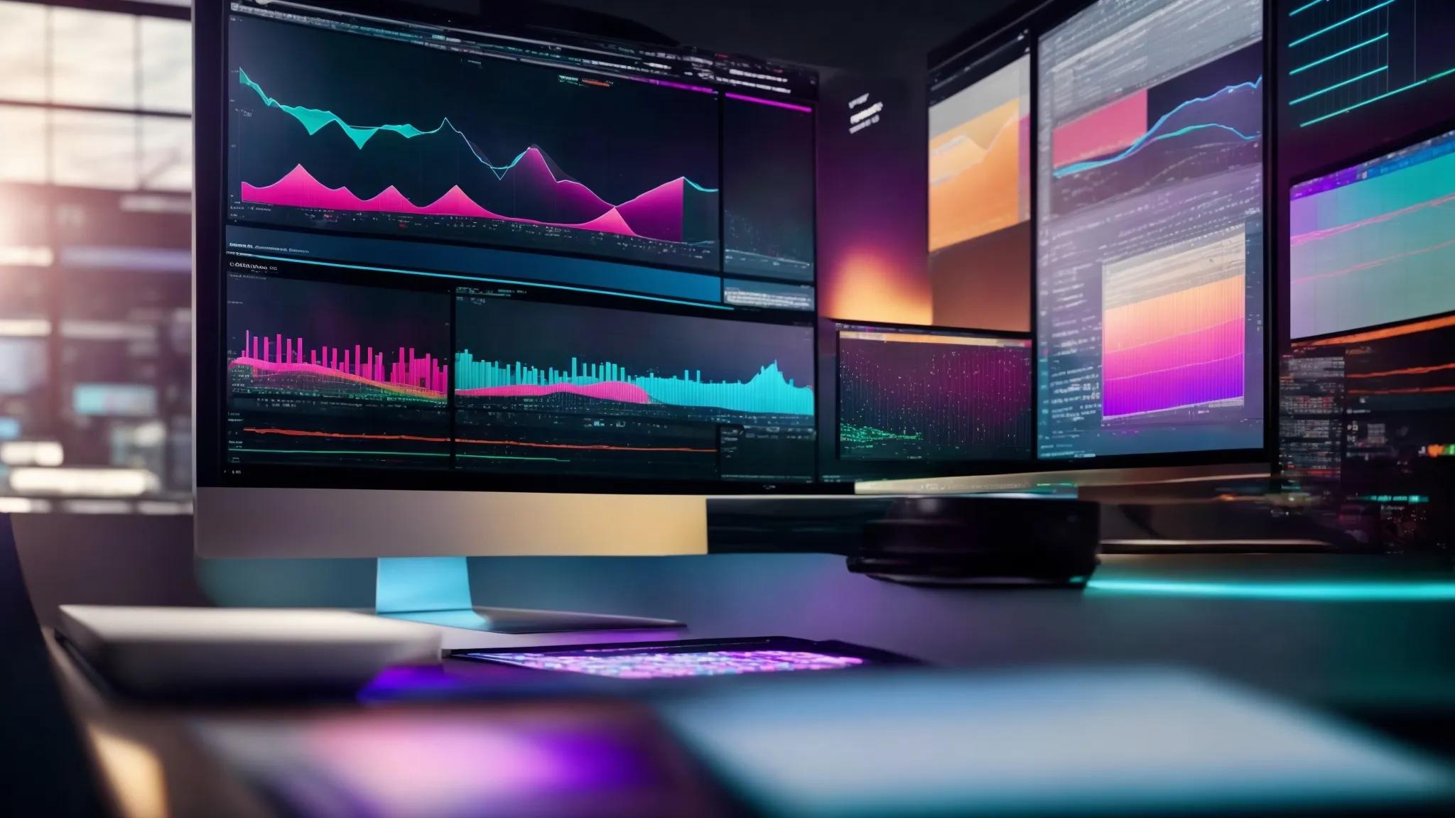 a dynamic, modern workspace filled with vibrant digital screens displaying colorful analytics and graphs, symbolizing the strategic power of an seo project management tool in action.