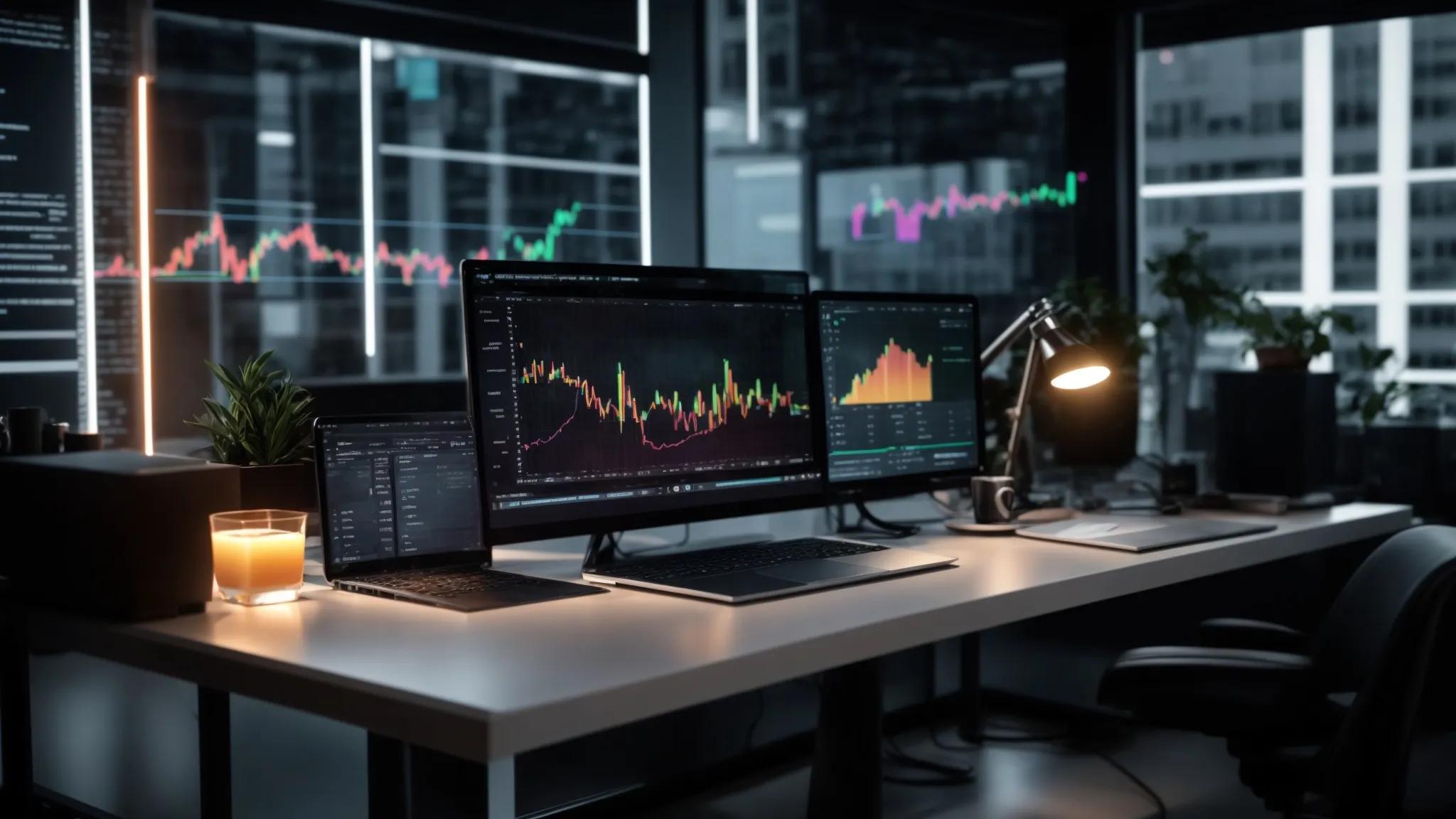 a dynamic workspace featuring a glowing computer screen displaying colorful graphs and charts, representing the powerful impact of white label keyword research strategies on business success.