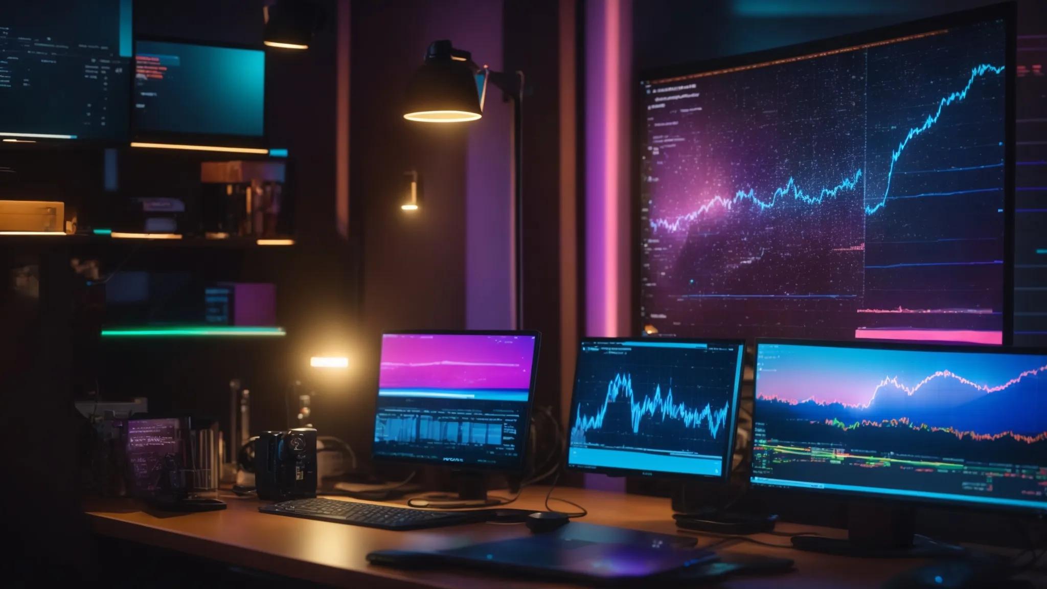 a dynamic workspace featuring a glowing computer screen displaying seo analytics, surrounded by vibrant digital graphs and colorful ai icons, all illuminated by a soft, focused light to emphasize the theme of harnessing ai for effective seo strategies.