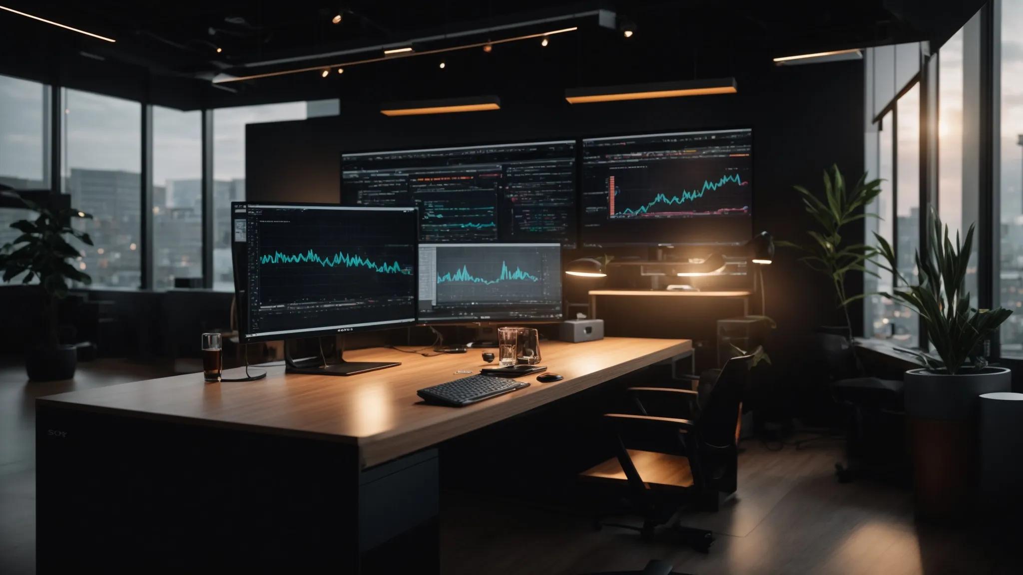 a dynamic workspace featuring a glowing, interactive dashboard displaying seo analytics, with vibrant charts and graphs illuminating a sleek modern desk bathed in soft, focused lighting.