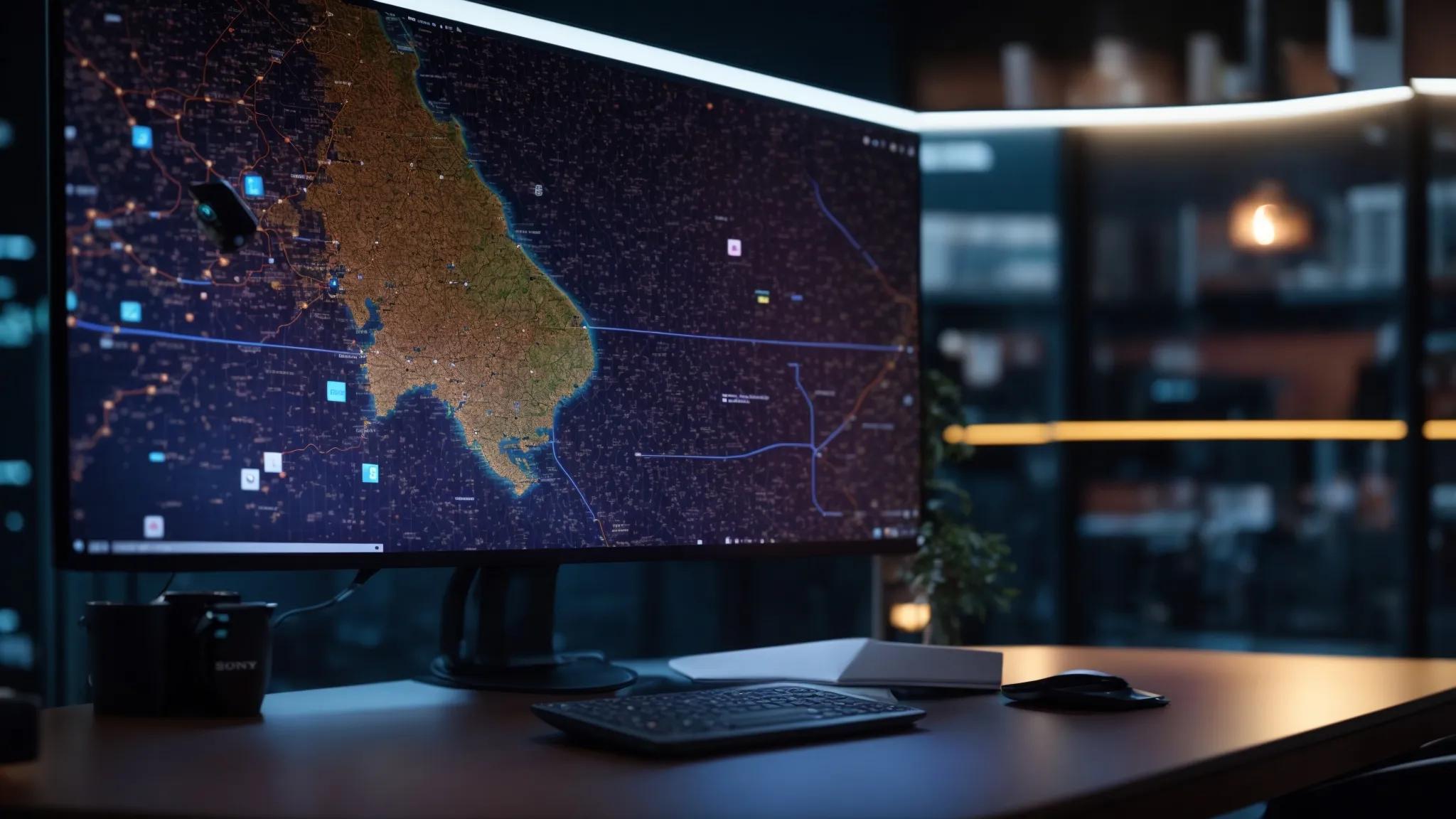 a dynamic workspace featuring a vibrant digital map illuminated by glowing pins, symbolizing global keyword research, with a sleek laptop displaying analytics under soft, focused lighting.