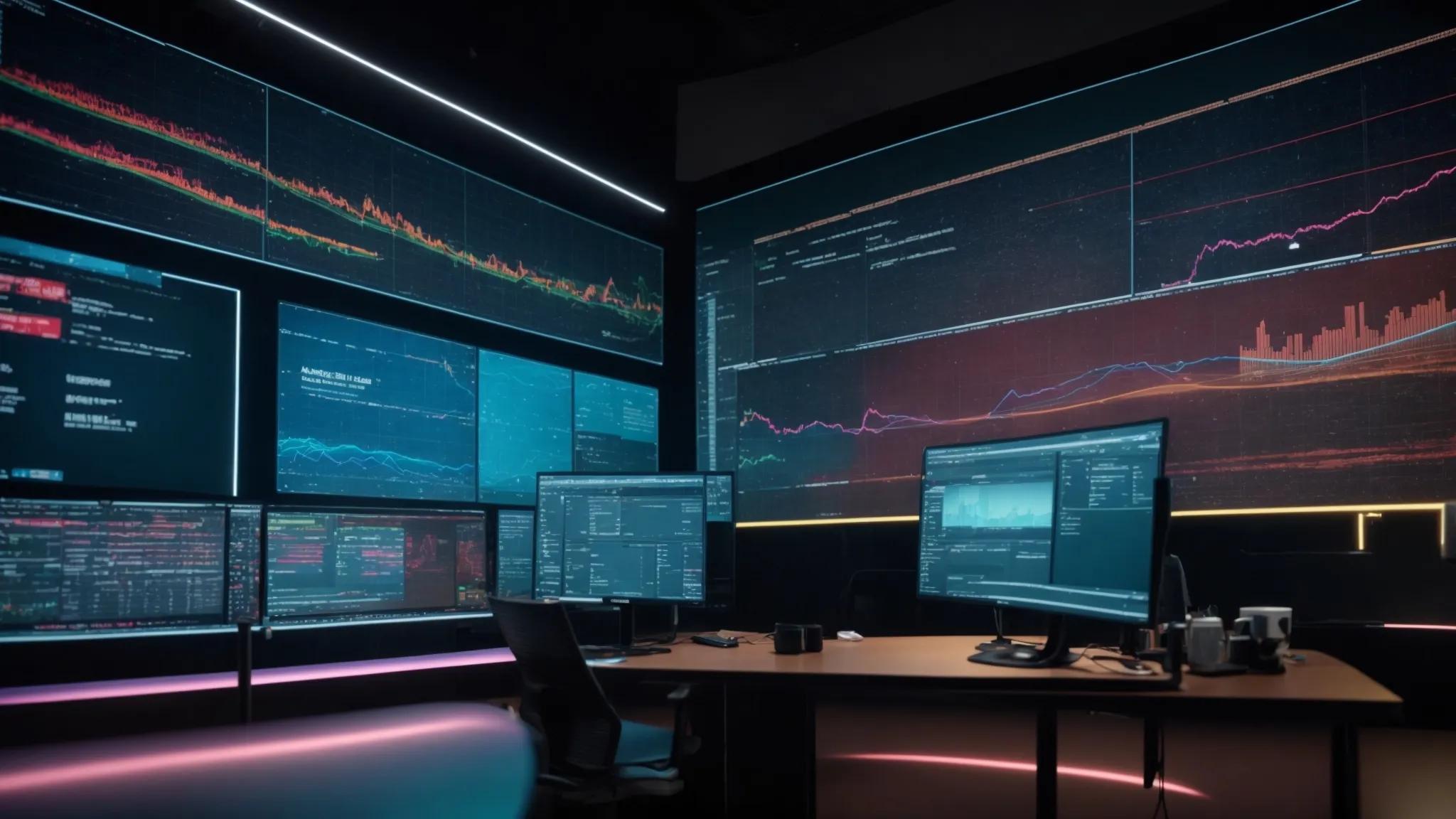 a dynamic workspace filled with vibrant digital screens displaying graphs and analytics, illustrating the effective use of ai tools for seo optimization under bright, focused lighting.