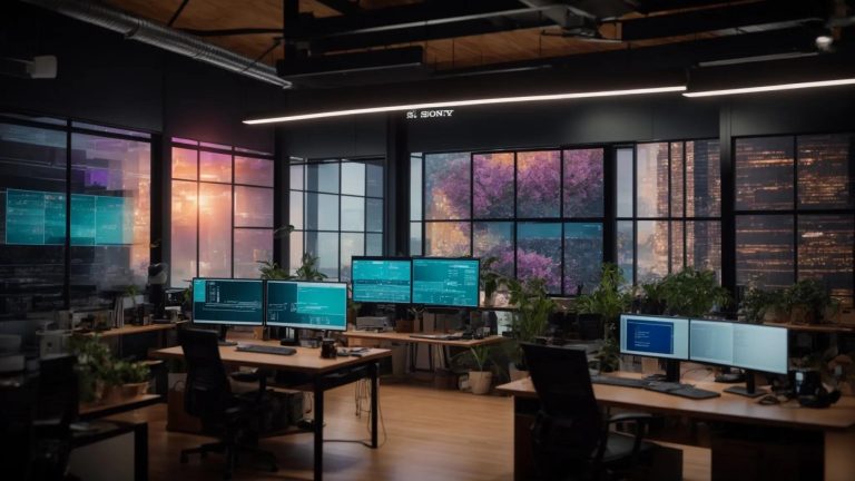 a dynamic workspace filled with vibrant flowcharts and colorful digital graphics represents the innovation of mastering seo through a powerful cluster content strategy, illuminated by natural light streaming through large windows.