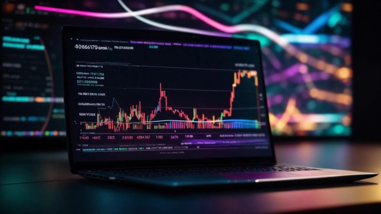 a focused close-up of a glowing laptop screen surrounded by vibrant, swirling graphs and analytics, illustrating the intricacies of backlink analysis.