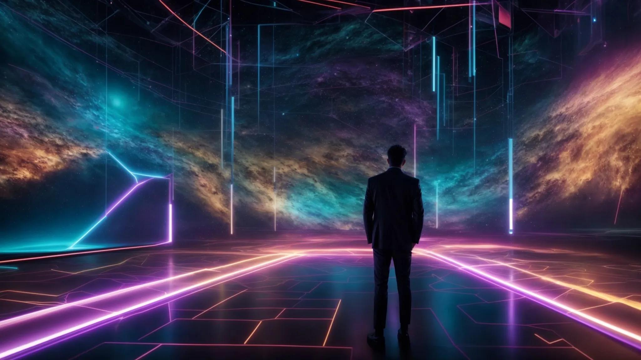 a futuristic digital landscape glows with vibrant data streams and luminous nodes, symbolizing the power of advanced semantic search technology to unlock deep insights.