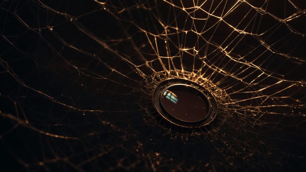 a mesmerizing close-up view of a glowing magnifying glass illuminating a web of interconnected keywords against a dark, textured background, symbolizing the exploration of competitors' secrets.